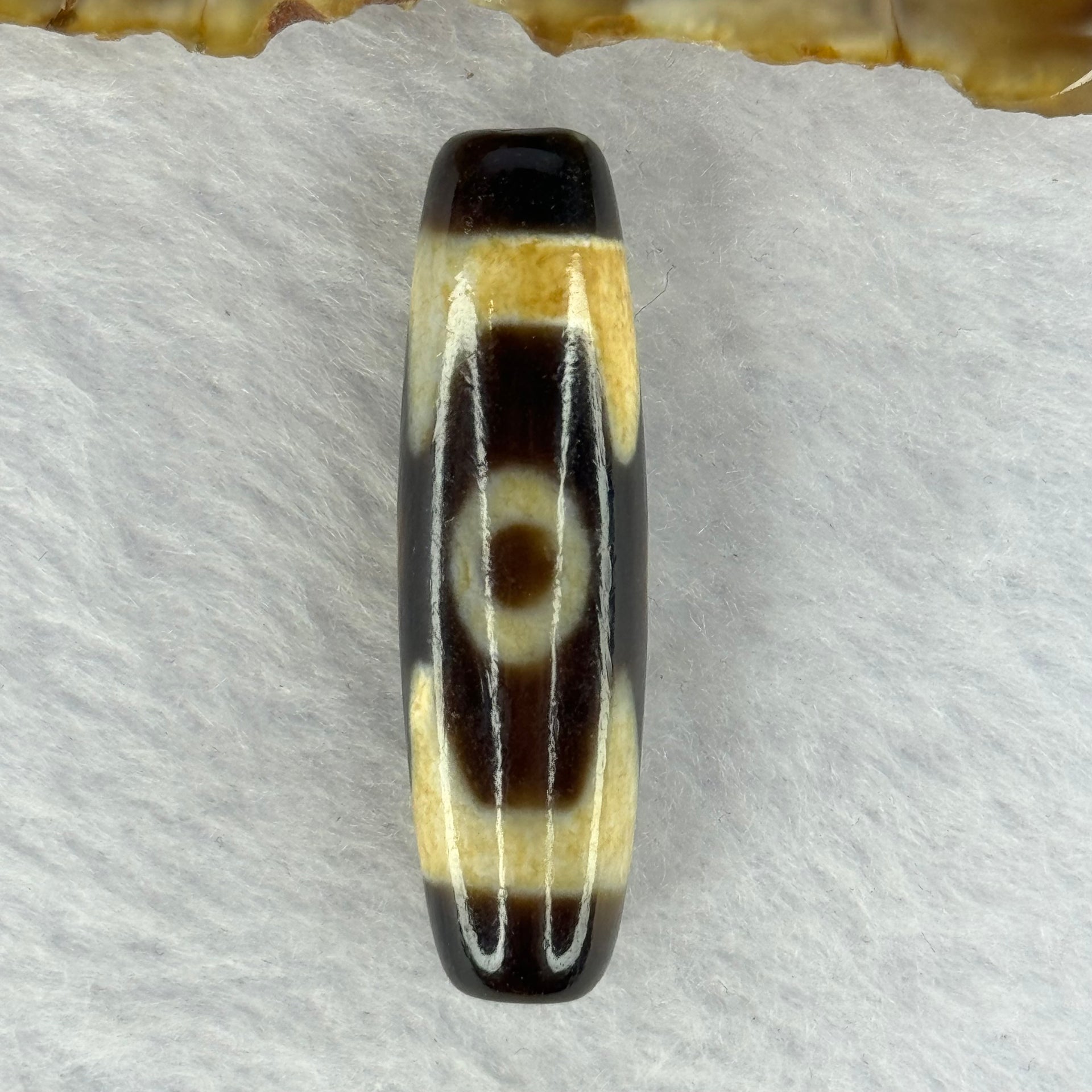 Natural Powerful Tibetan Old Oily Agate 3 Eyes Dzi Bead Heavenly Master (Tian Zhu) 三眼天诛 7.42g 38.8 by 11.4mm - Huangs Jadeite and Jewelry Pte Ltd