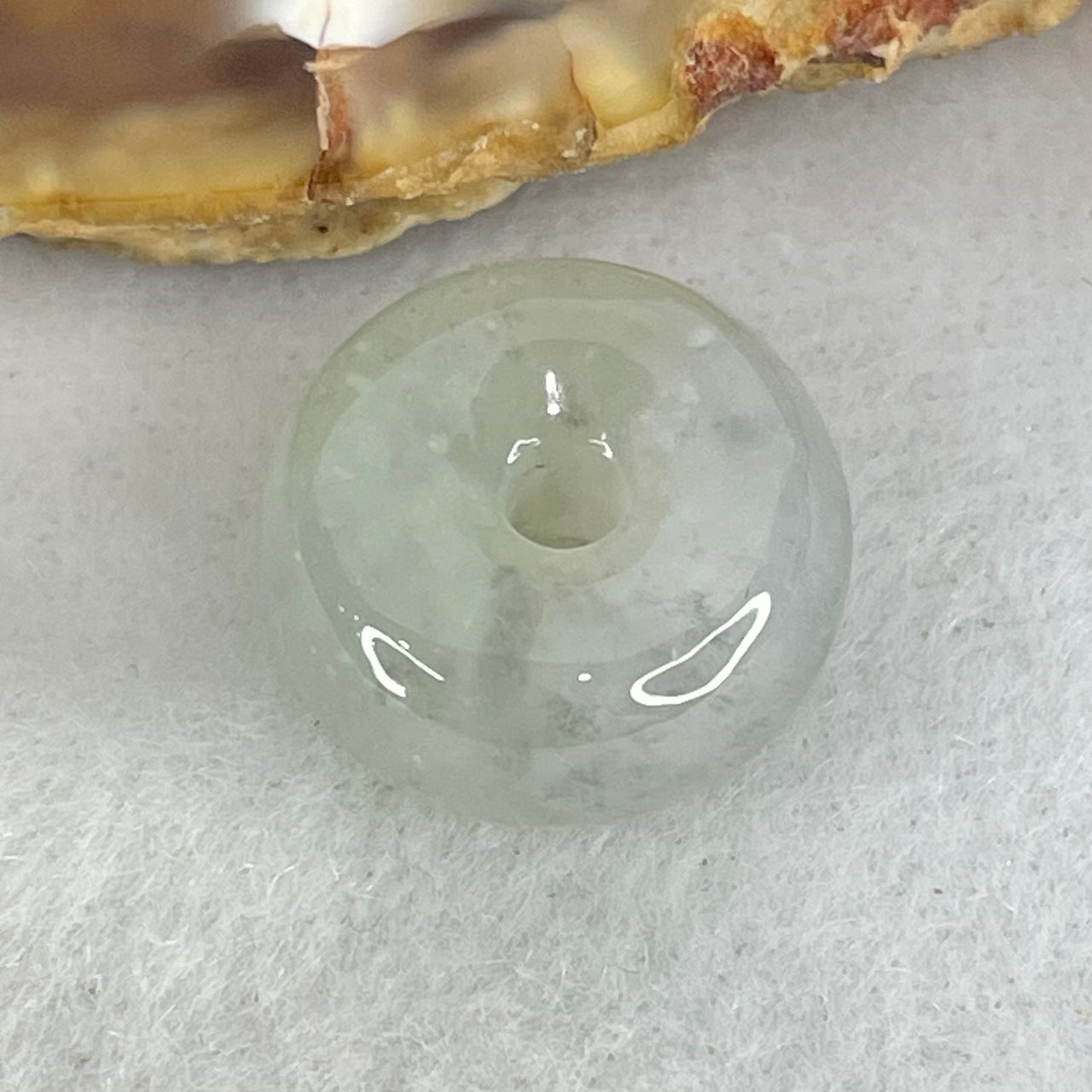 Type A Semi Icy Light Green With Wuji Grey Spots Jadeite Ping An Kou Donut Pendant 2.80g 14.0 by 6.8mm