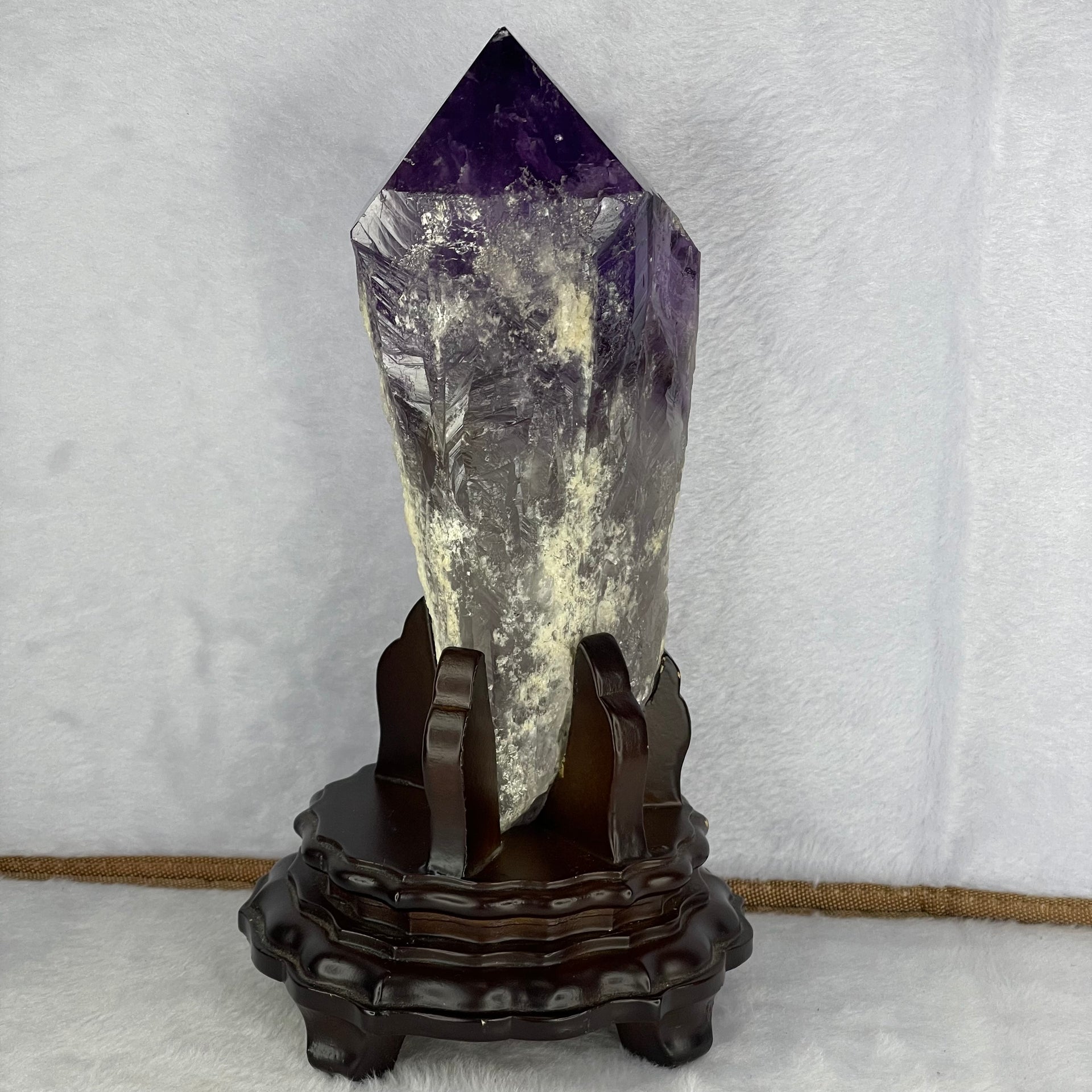 High Grade Natural Uruguay Deep Intense Amethyst Tower with Wooden Stand 1,054.4g 215.0 by 120.0 by 11.5mm - Huangs Jadeite and Jewelry Pte Ltd