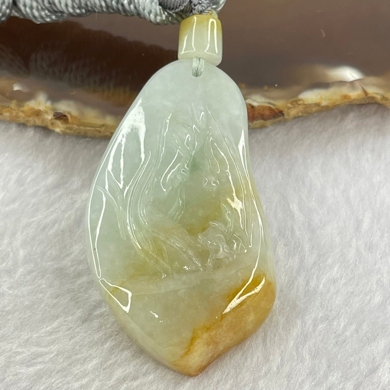 Type A Green  Yellow Lavender Jadeite Guan Yin with Lotus Flower Pendant 35.08g 52.1 by 29.4 by 10.3mm