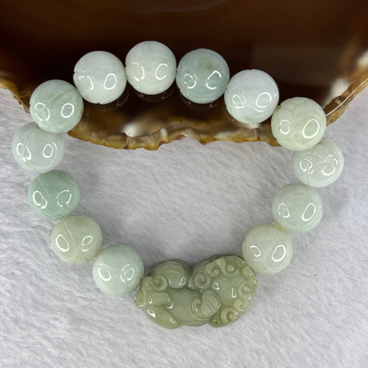 Type A Mixed Green with Lavender Jadeite Flower Beads With Yellowish Green Pixiu Bracelet 78.19g 18.5cm 33.3 by 20.4 by 13.4mm, 13.9mm 13 Beads - Huangs Jadeite and Jewelry Pte Ltd