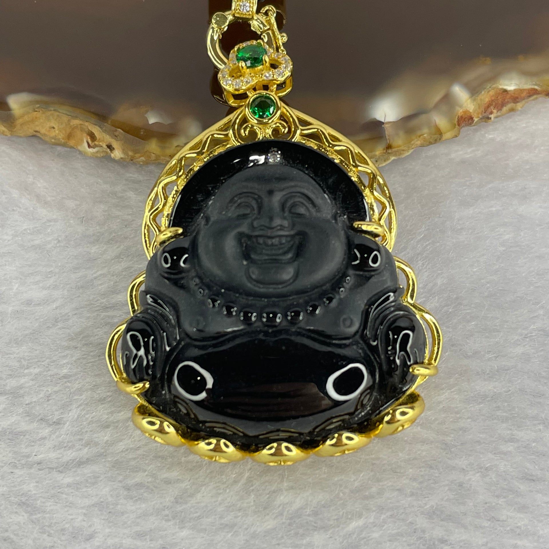 Type A Black Jadeite Milo Buddha in 925 Silver with 925 Silver Necklace 18.48g 46.7 by 31.9 by 11.2mm - Huangs Jadeite and Jewelry Pte Ltd