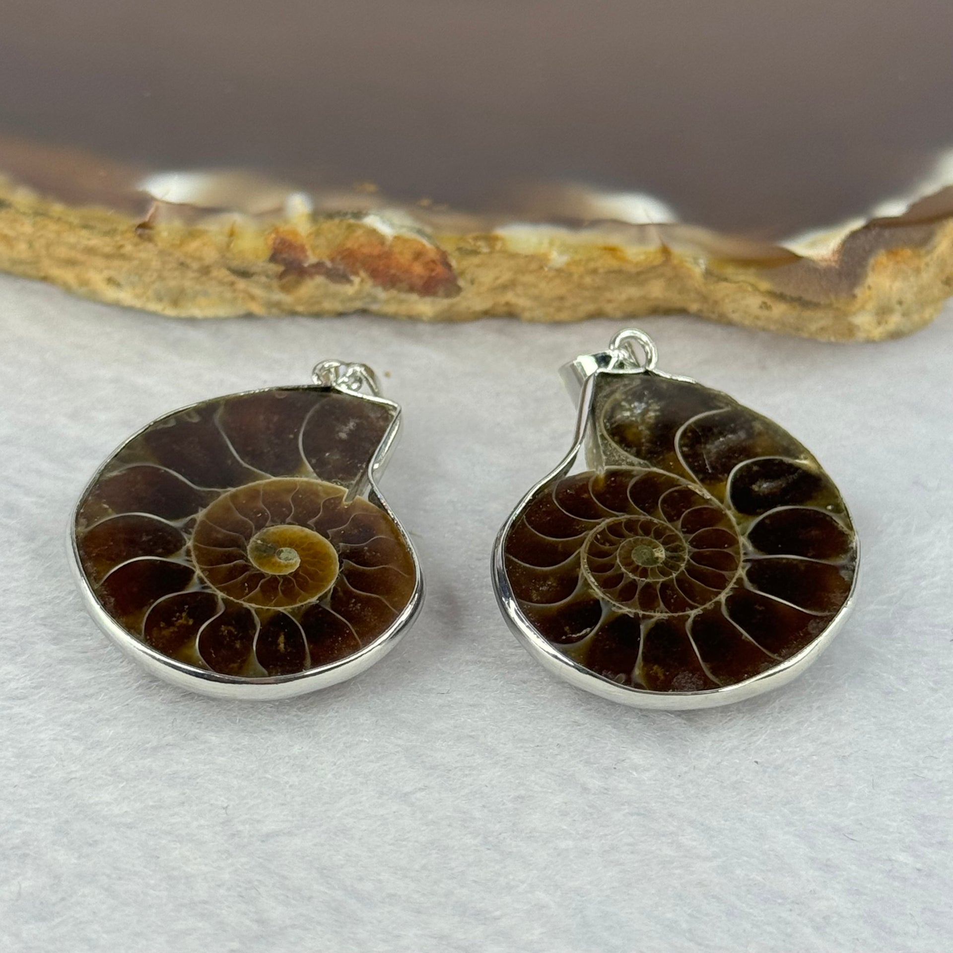 Natural Ammolite Fossil In Sliver Pendent/Charm Pair Total Weight 11.88g Each About 26.1 by 20.7 by 7.5mm - Huangs Jadeite and Jewelry Pte Ltd