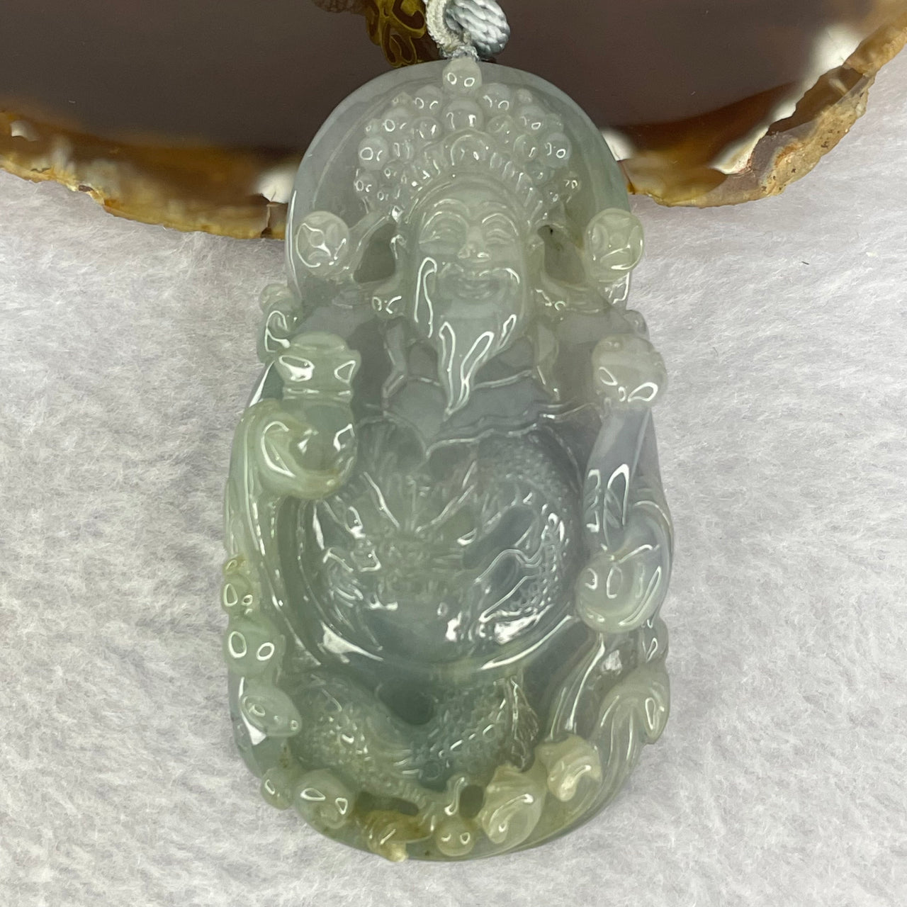 Grand Master Type A 3 Colours Green Lavender Brown Jadeite Gold of Fortune Cai Shen Ye 财神爷 on Dragon 龙 84.21g 75.4 by 41.7 by 12.8mm - Huangs Jadeite and Jewelry Pte Ltd