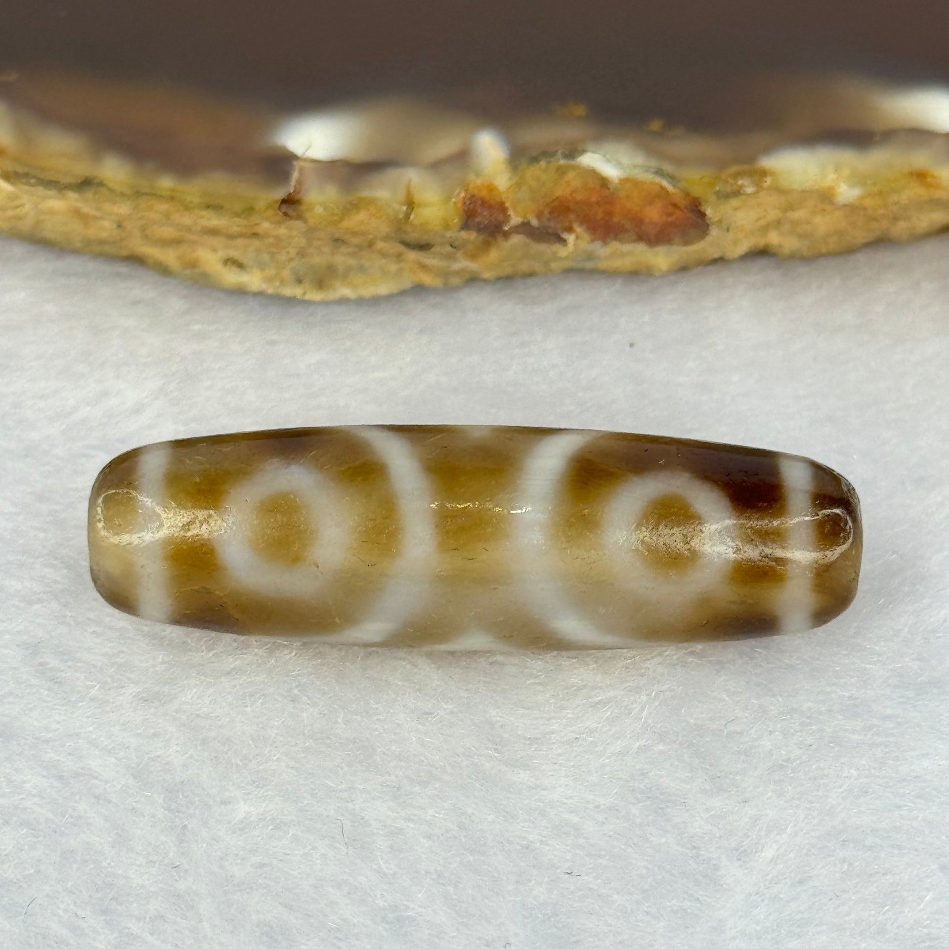 Natural Powerful Tibetan Old Oily Agate 3 Eyes Dzi Bead Heavenly Master (Tian Zhu) 三眼天诛 7.04g 37.6 by 10.8mm - Huangs Jadeite and Jewelry Pte Ltd