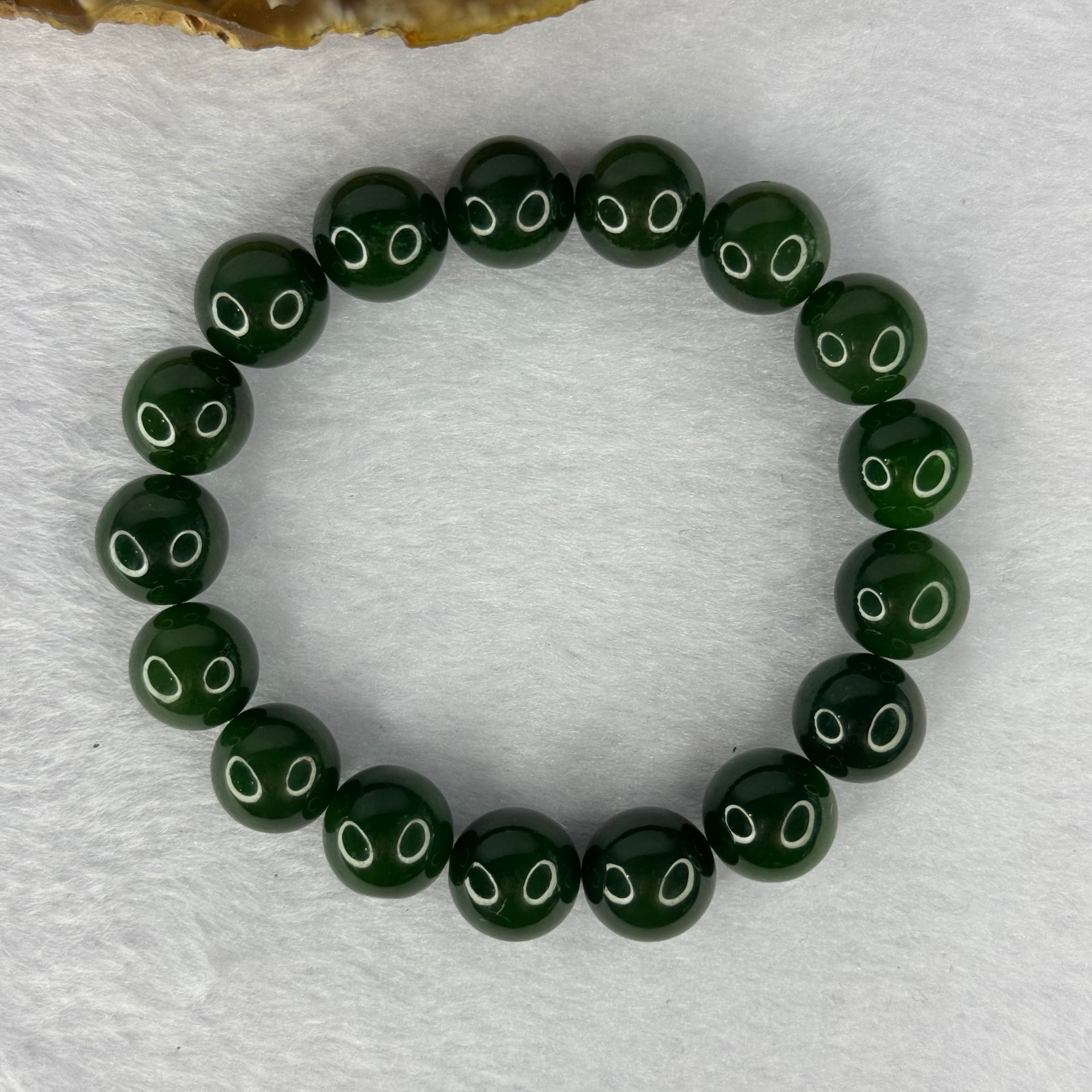 Old Mine Natural Deep Vibrant Green Nephrite Jade Beads Bracelet 天然和田玉手链 44.67g 17.5cm 12.1mm 17 Beads - Huangs Jadeite and Jewelry Pte Ltd