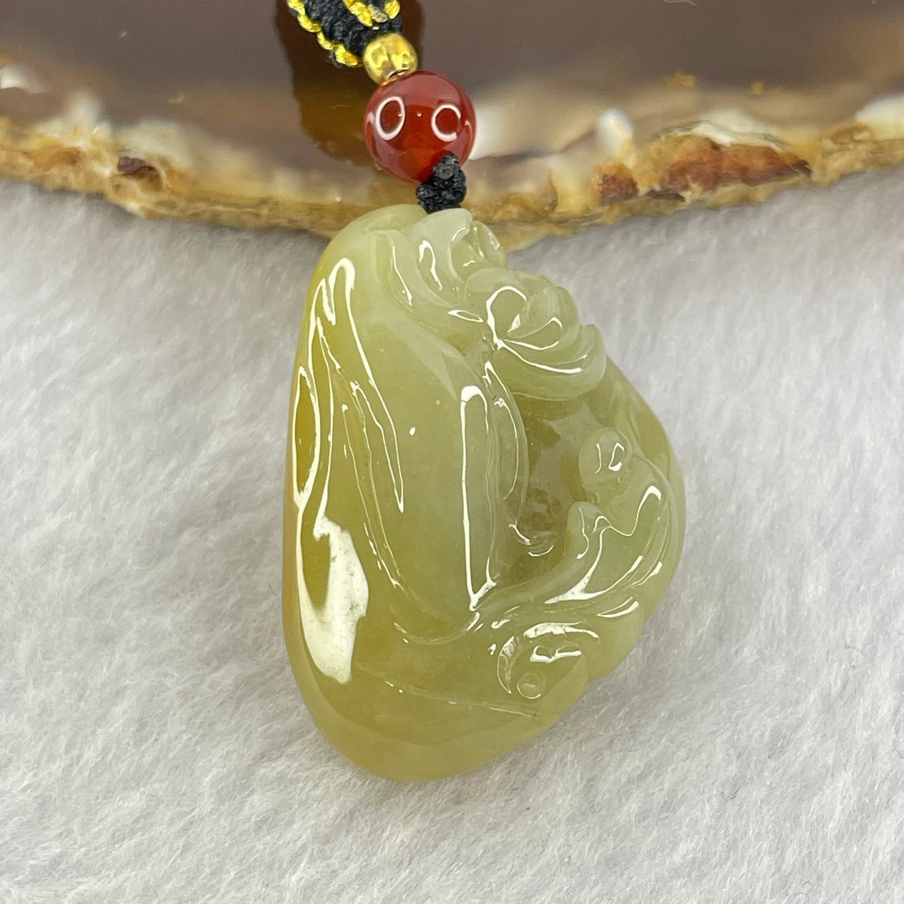 Type A Yellow with Green Jadeite Flower and Gui Ren Benefactor Pendant 18.03g 31.9 by 22.7 by 13.8mm