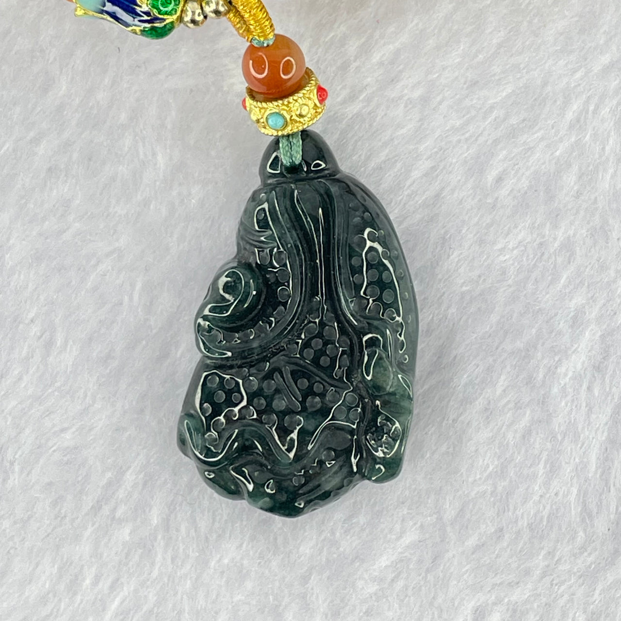 Type A Dark Blueish Green Jadeite Cabbage Pendant with Jadeite and Crystal Beads Necklace 36.52g 37.5 by 22.2 by 11.7mm