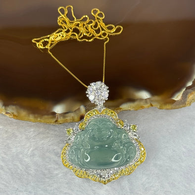 Type A Icy Jelly Light Blueish Green Jadeite Milo Buddha with Crystals in S925 Sliver Gold Color Necklace 14.19g 19.1 by 24.0 by 4.0mm - Huangs Jadeite and Jewelry Pte Ltd