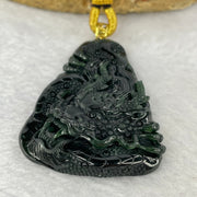 Rare High End Type A Fully Translucent Black Omphasite Jadeite Dragon (Shine Light is Dark Blueish Green) 罕见高端 A 货半透明黑色绿辉石翡翠龙  31.72g (Including String and 18K Hold Clasp) 53.75 by 40.40 by 9.65g with NGI Cert No. 82823872 - Huangs Jadeite and Jewelry Pte Ltd