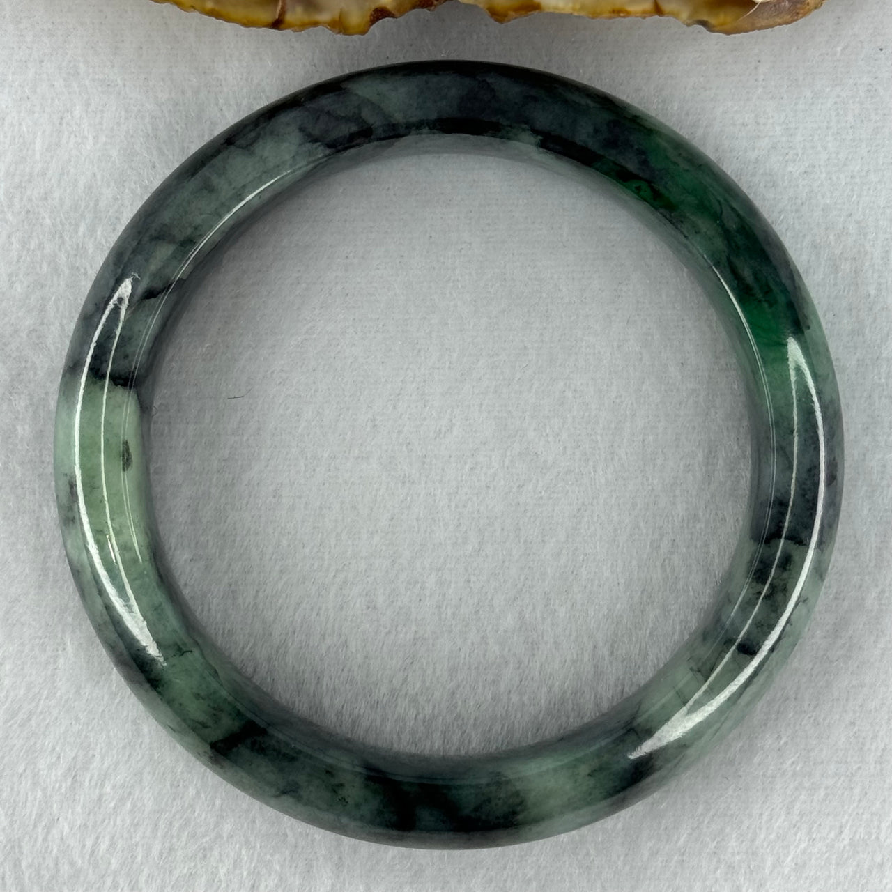 Type A Green and Black to Dark Green Piao Hua Jadeite Bangle Internal Diameter 58.2mm 73.13g 15.0 by 8.9mm (Internal Lines)