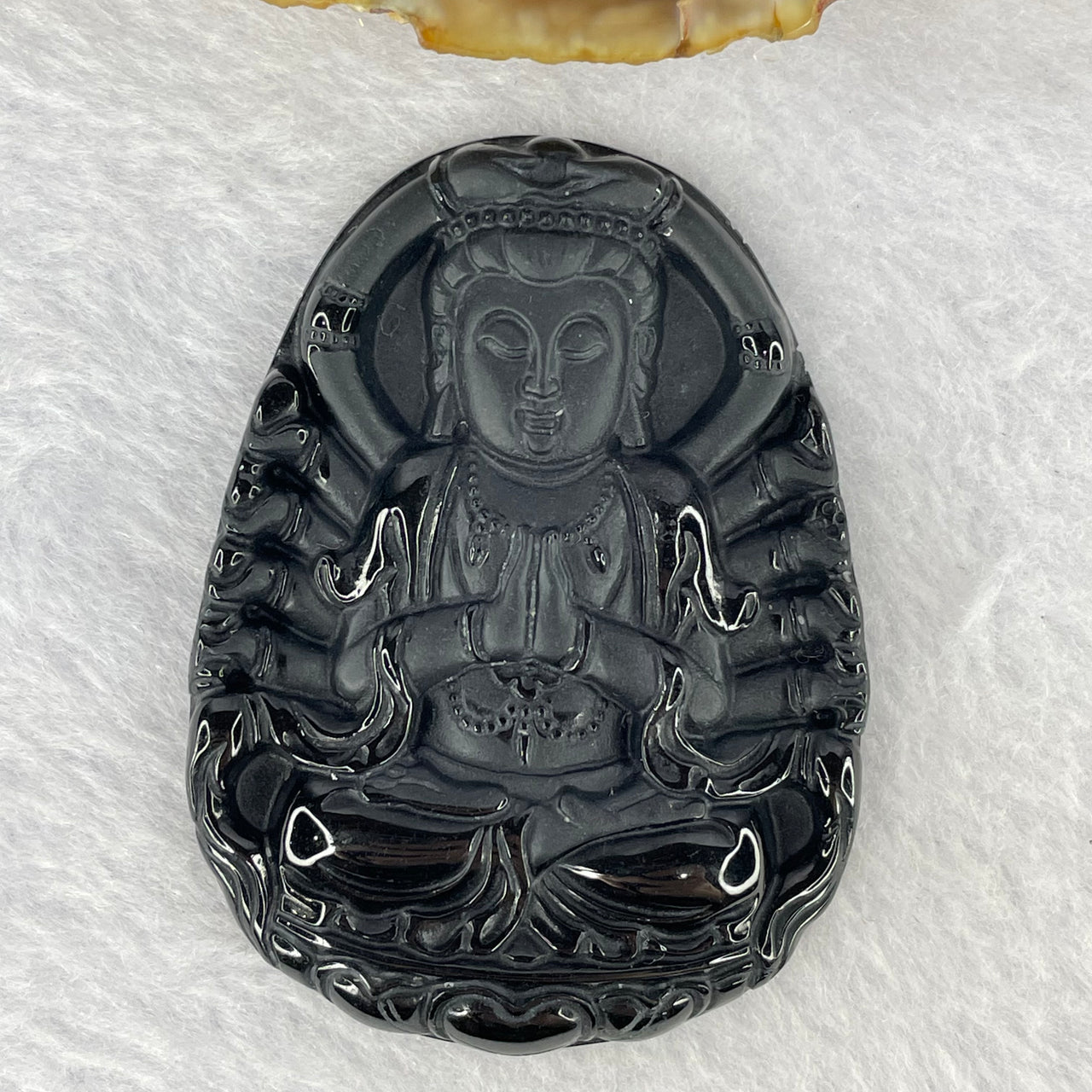 Type A Partial Translucent Black Omphasite Jadeite Thousand Hands Guan Yin Pendent A货墨翠千手观音牌 32.64g 60.6 by 44.4 by 7.6 mm - Huangs Jadeite and Jewelry Pte Ltd