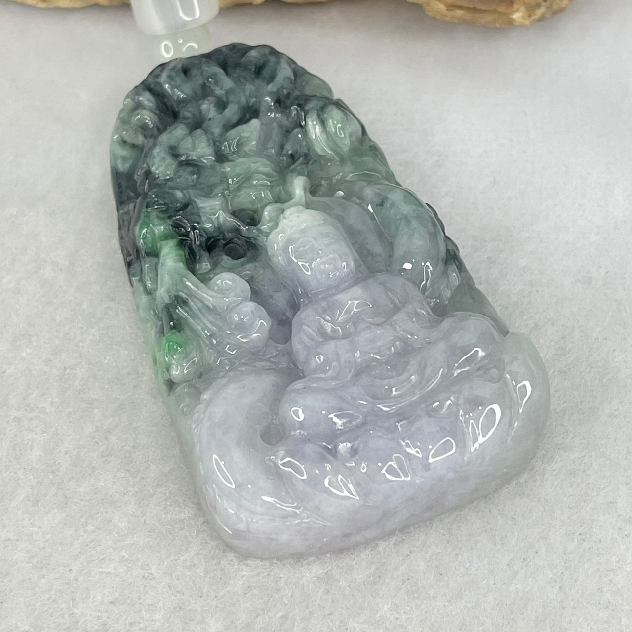 Type A Lavender and Green Piao Hua Jadeite Guan Yin with Dragon Pendant 38.80g 50.7 by 31.5 by 11.4mm