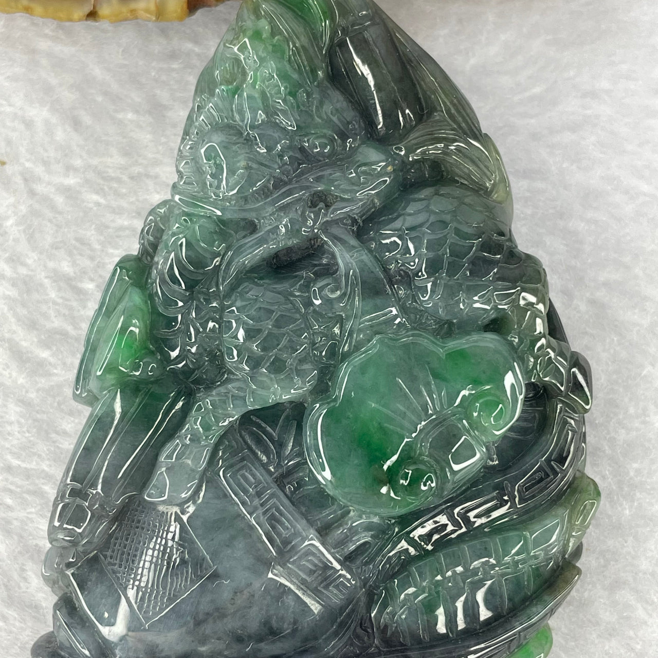 Rare Type A Wuji Grey with Spicy Green Jadeite Qilin Kirin with Phoenix, Ruyi and Treasure 95.01g 77.5 by 49.0 by 14.5 mm - Huangs Jadeite and Jewelry Pte Ltd