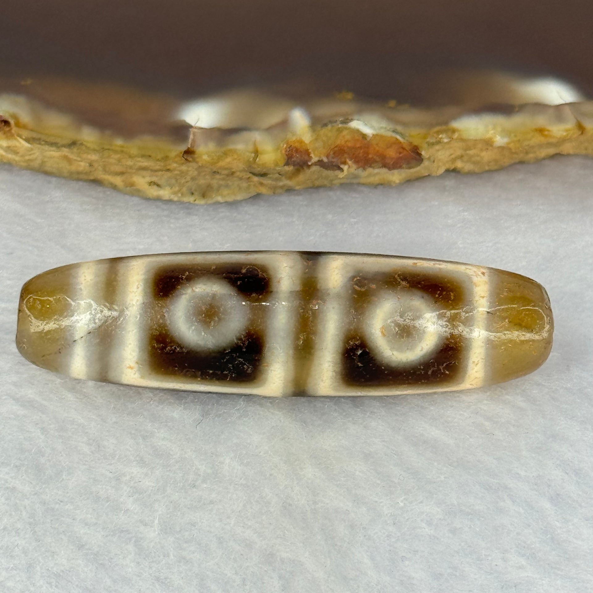 Natural Powerful Tibetan Old Oily Agate 4 Eyes Dzi Bead Heavenly Master (Tian Zhu) 四眼天诛 11.70g 46.8 by 12.8mm - Huangs Jadeite and Jewelry Pte Ltd