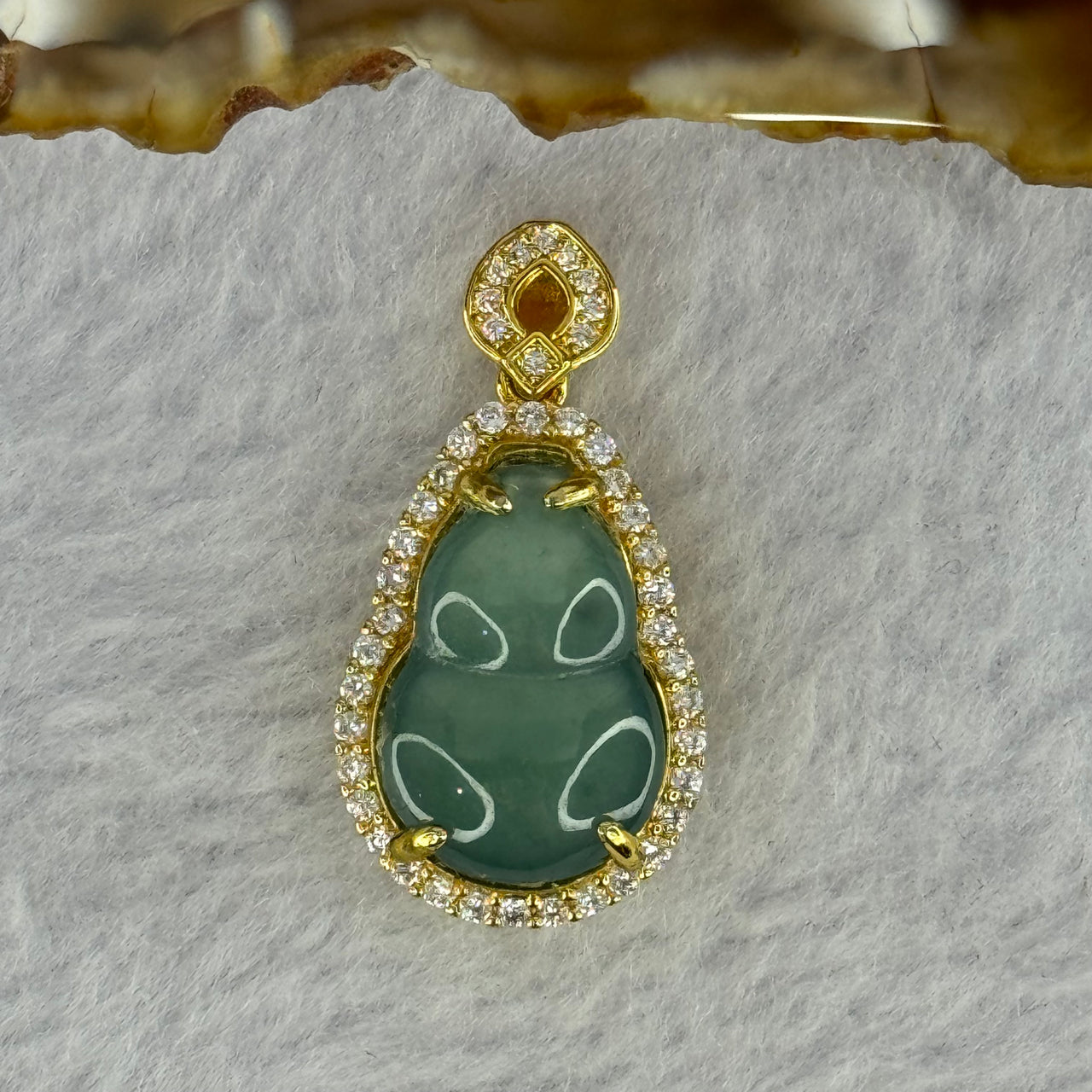 Type A Icy Blueish Green Jadeite Hulu Pendent with Crystals in S925 Silver Gold Color Setting 3.27g 17.8 by 11.8 by 3.0mm