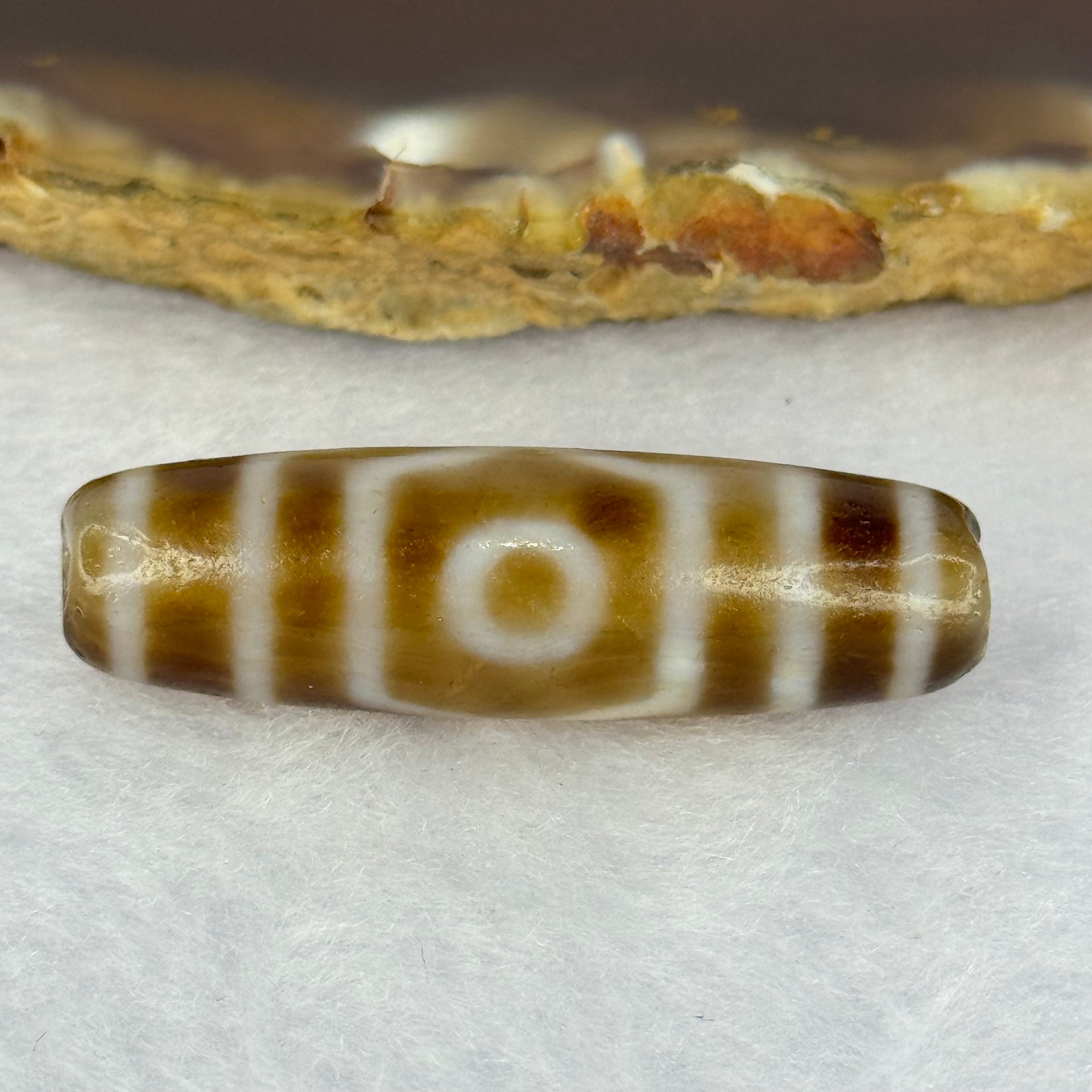 Natural Powerful Tibetan Old Oily Agate 3 Eyes Dzi Bead Heavenly Master (Tian Zhu) 三眼天诛 7.04g 37.6 by 10.8mm - Huangs Jadeite and Jewelry Pte Ltd