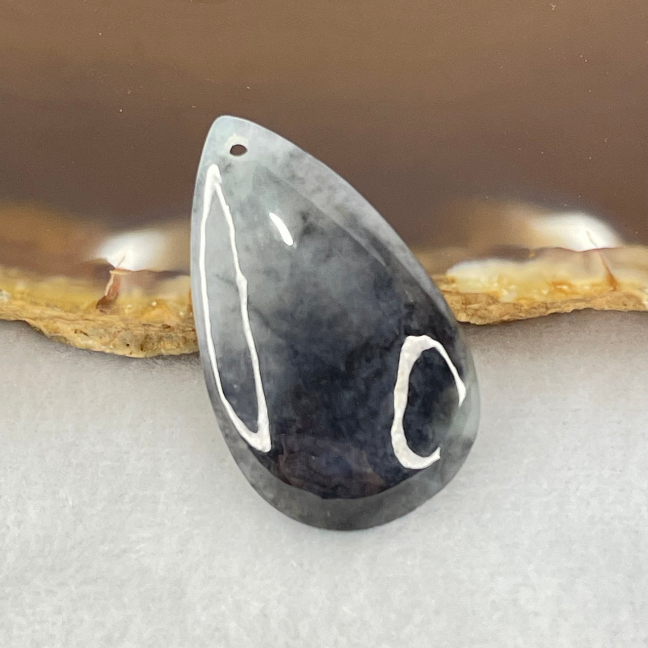 Type A Semi Icy Wuji Black Grey Jadeite Teardrop Pendant 3.80g 31.0 by 18.6 by 3.8mm