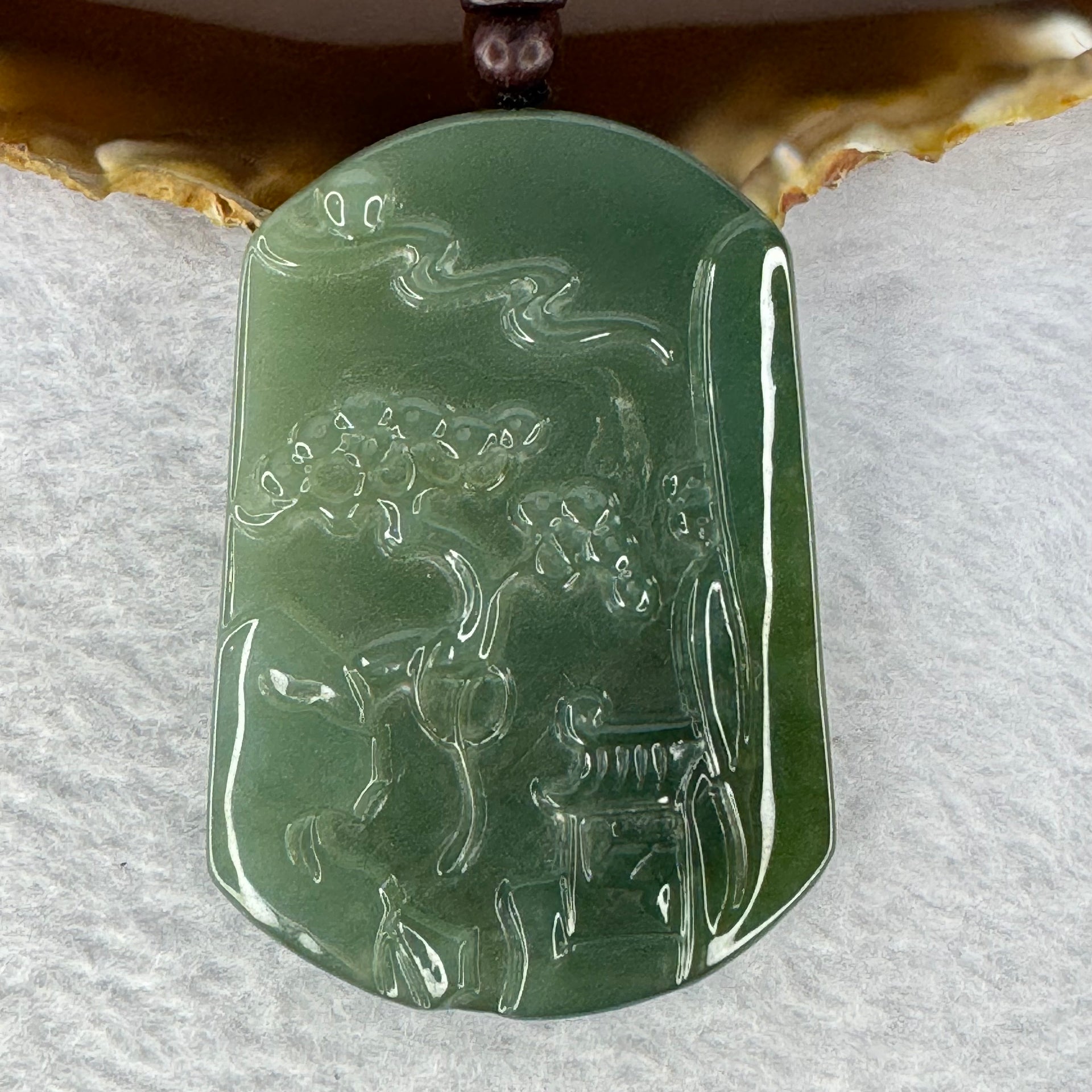 Type A Dark Green with Yellowish Green Jadeite Shan Shui Pendent 56.71g 64.6 by 44.7 by 7.4 mm - Huangs Jadeite and Jewelry Pte Ltd