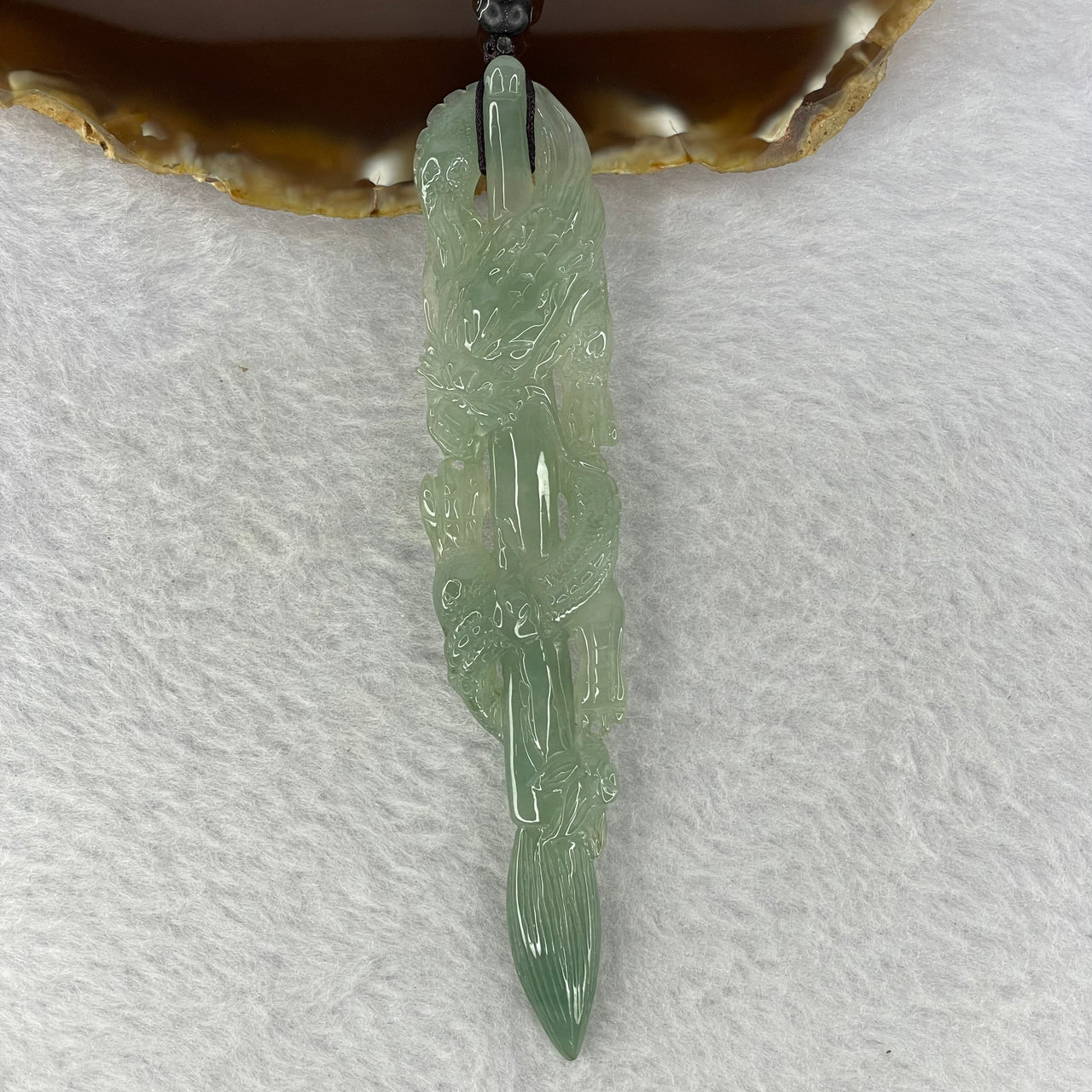 Type A Sky Blue Jadeite Dragon Brush Pendent 24.09g 110.5 by 21.0 by 8.5 mm - Huangs Jadeite and Jewelry Pte Ltd