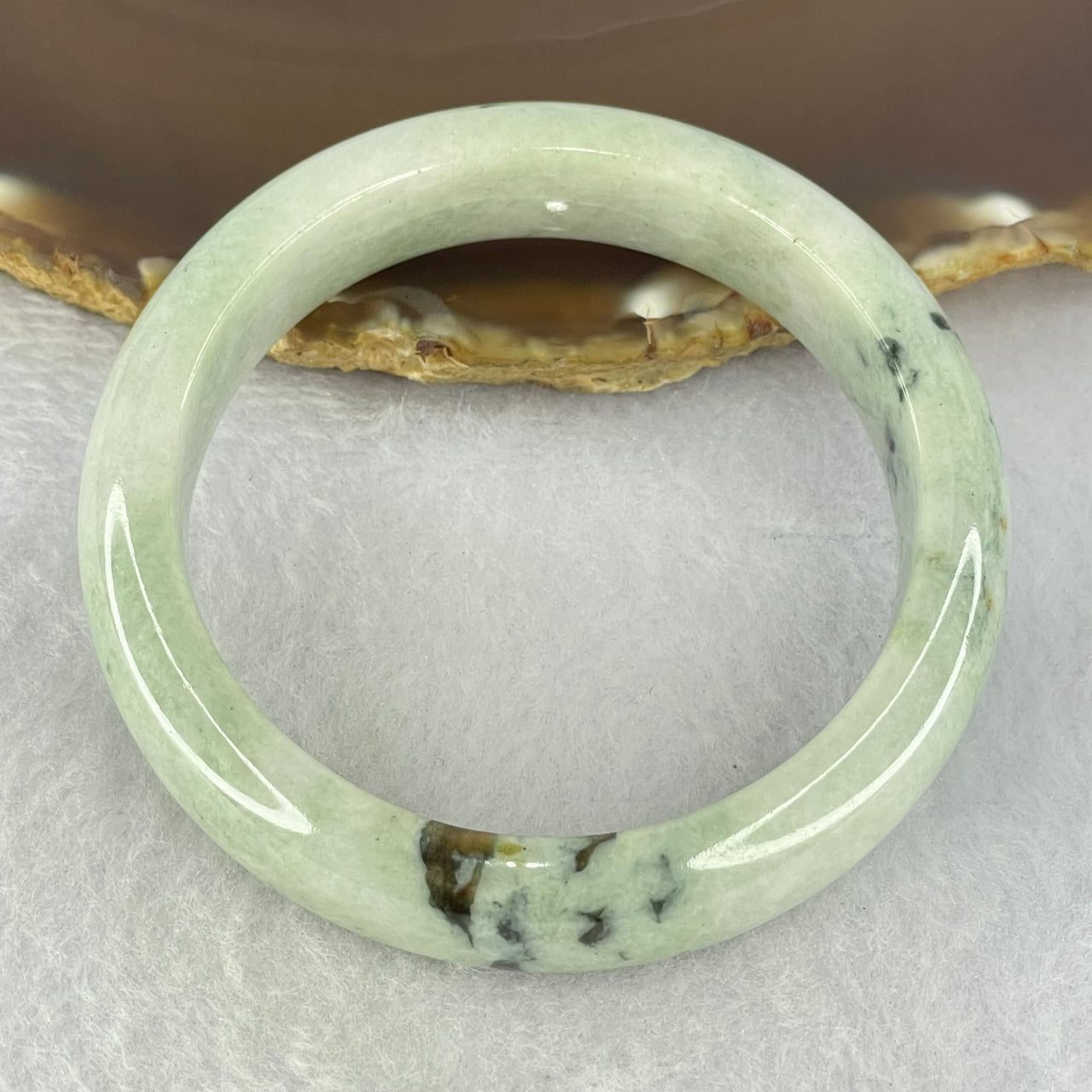 Type A Green with Moss Green Piao Hua Jadeite Bangle Internal Diameter 56.5mm 64.29g 14.4 by 8.7mm (Slight Internal Lines)