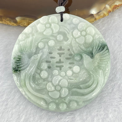 Type A Lavender with Green Patches Jadeite Flowers and Twin Bird Pendant 36.50g 52.3 by 6.8mm