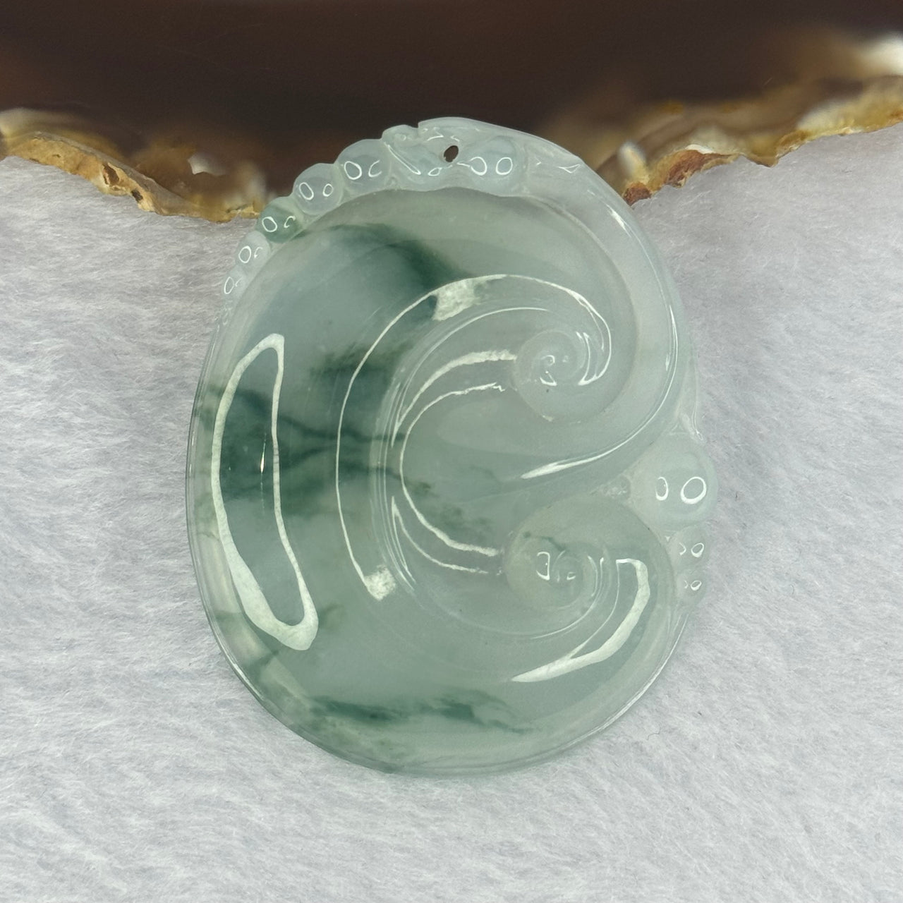 Grandmaster Certified Type A Icy Light Green with Blueish Green Piao Hua Ruyi Pendent 28.04g 53.2 by 42.7 by 7.1mm - Huangs Jadeite and Jewelry Pte Ltd