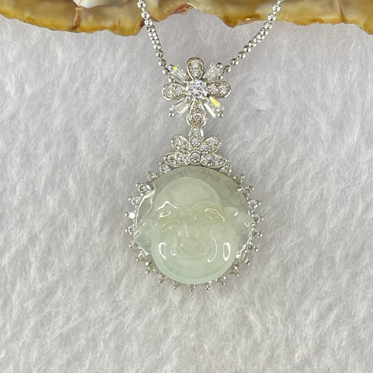 Type A Faint Green Lavender Milo Buddha with Crystals in S925 Sliver Pendant and Necklace 8.07g 16.6 by 16.6 by 8.0mm