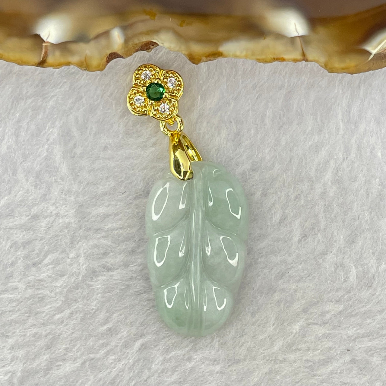 Type A Light Blueish Green Jadeite Leaf 25.8 by 15.2 by 5.0mm Pendent with Gold Color Clasps 4.81g