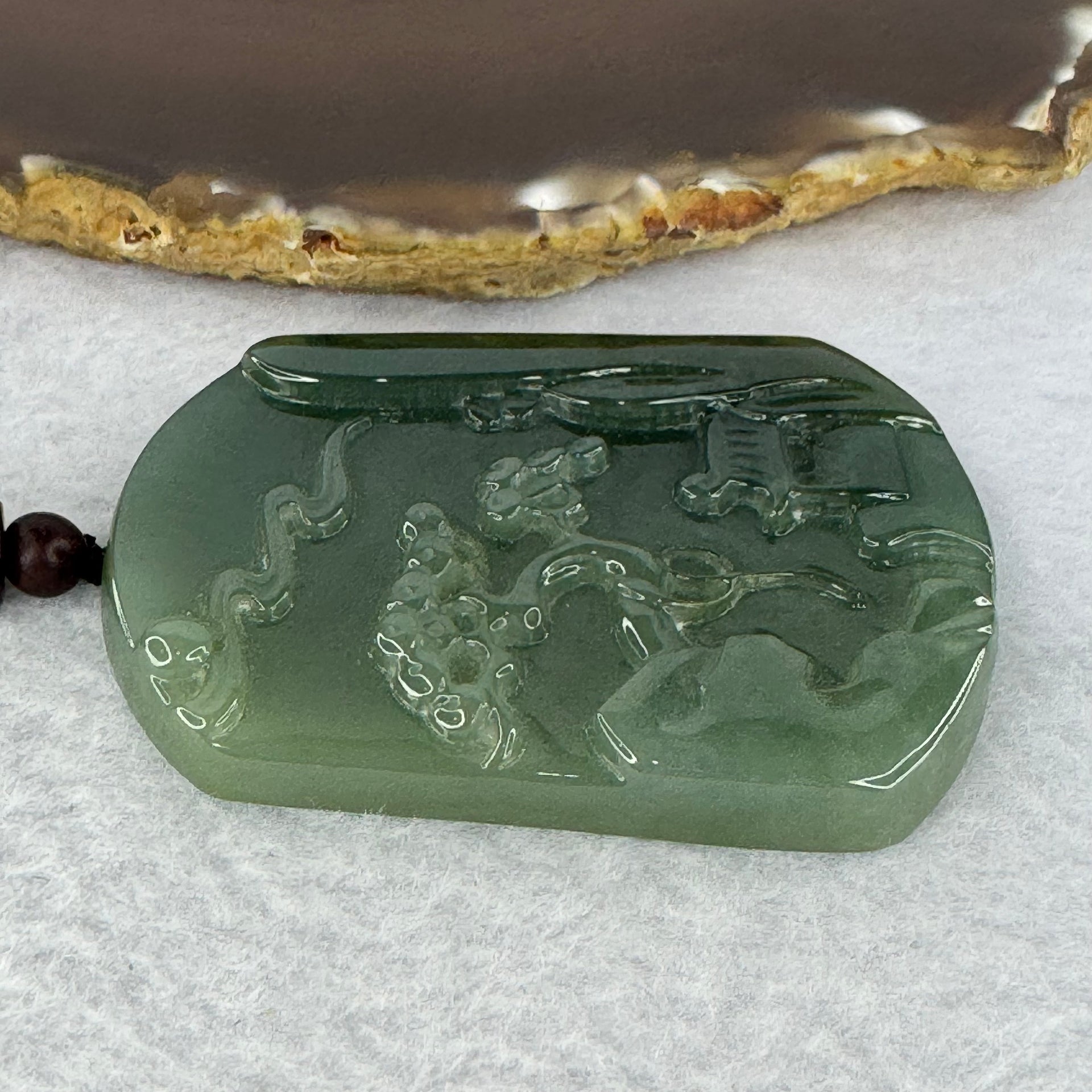 Type A Dark Green with Yellowish Green Jadeite Shan Shui Pendent 56.71g 64.6 by 44.7 by 7.4 mm - Huangs Jadeite and Jewelry Pte Ltd