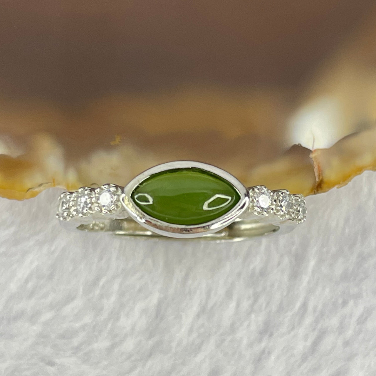 Natural Green Nephrite with Crystals In S925 Sliver Ring (Adjustable Size) 1.66g 8.2 by 4.0 by 2.2mm