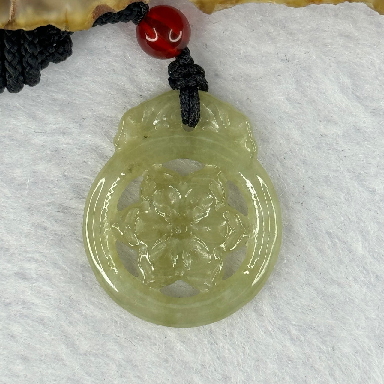 Type A Yellowish Green Jadeite Flower Pendent 4.15g 26.6 by 22.3 by 2.8mm - Huangs Jadeite and Jewelry Pte Ltd