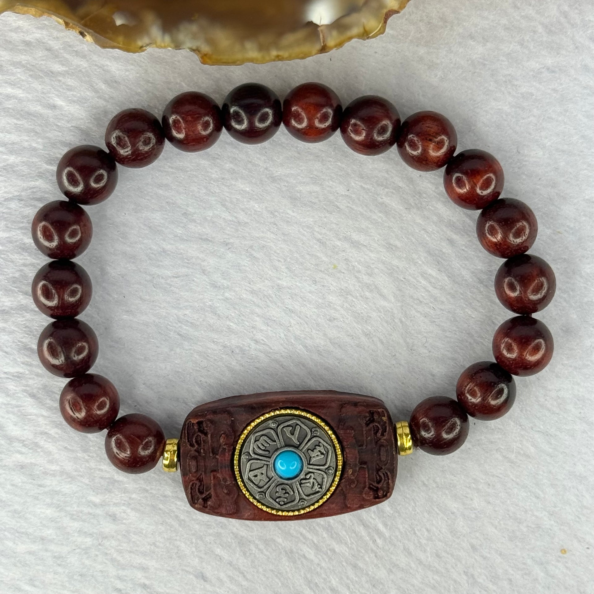 Natural Blood Zitan Beads with Rotating Turquoise Om Mani Padme Hum Powerful Mantra Bracelet 天然血檀木旋转唵嘛呢叭咪吽手链 10.89g 15cm 8.4mm 18 Beads / 30.6 by 17.3 by 7.4mm - Huangs Jadeite and Jewelry Pte Ltd