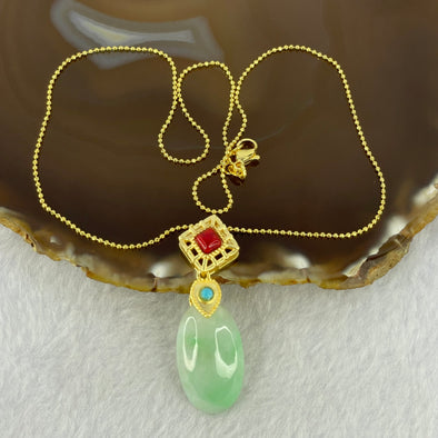 Type A Light Apple Green Jadeite Oval 26.2 by 15.5 by 7.1mm Pendent with S925 Silver Gold Color Necklace 9.52g