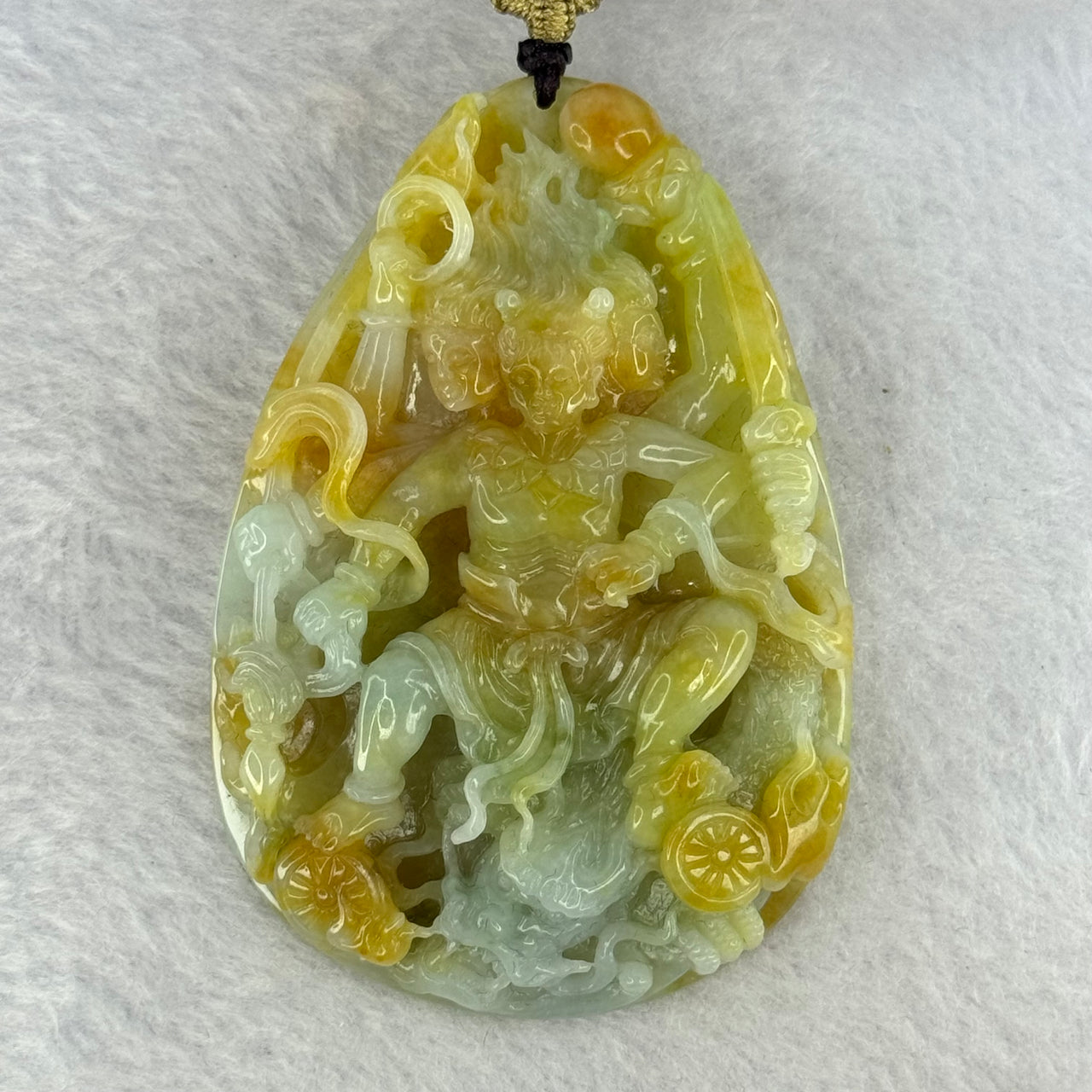 Rare Grand Master Type A 4 Colours Yellow Lavender Green Red Jadeite Neza on Dragon A货大师四彩翡翠哪咋三太子牌 70.66g 71.8 by 48.6 by 11.8mm with Wooden Stand