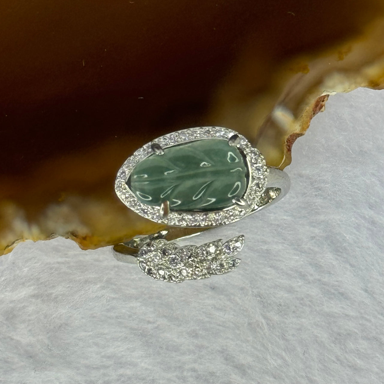 Type A Icy Blueish Jadeite Leaf with Crystals in S925 Sliver Ring (Adjustable Size) 2.60g 12.3 by 7.4 by 2.0mm