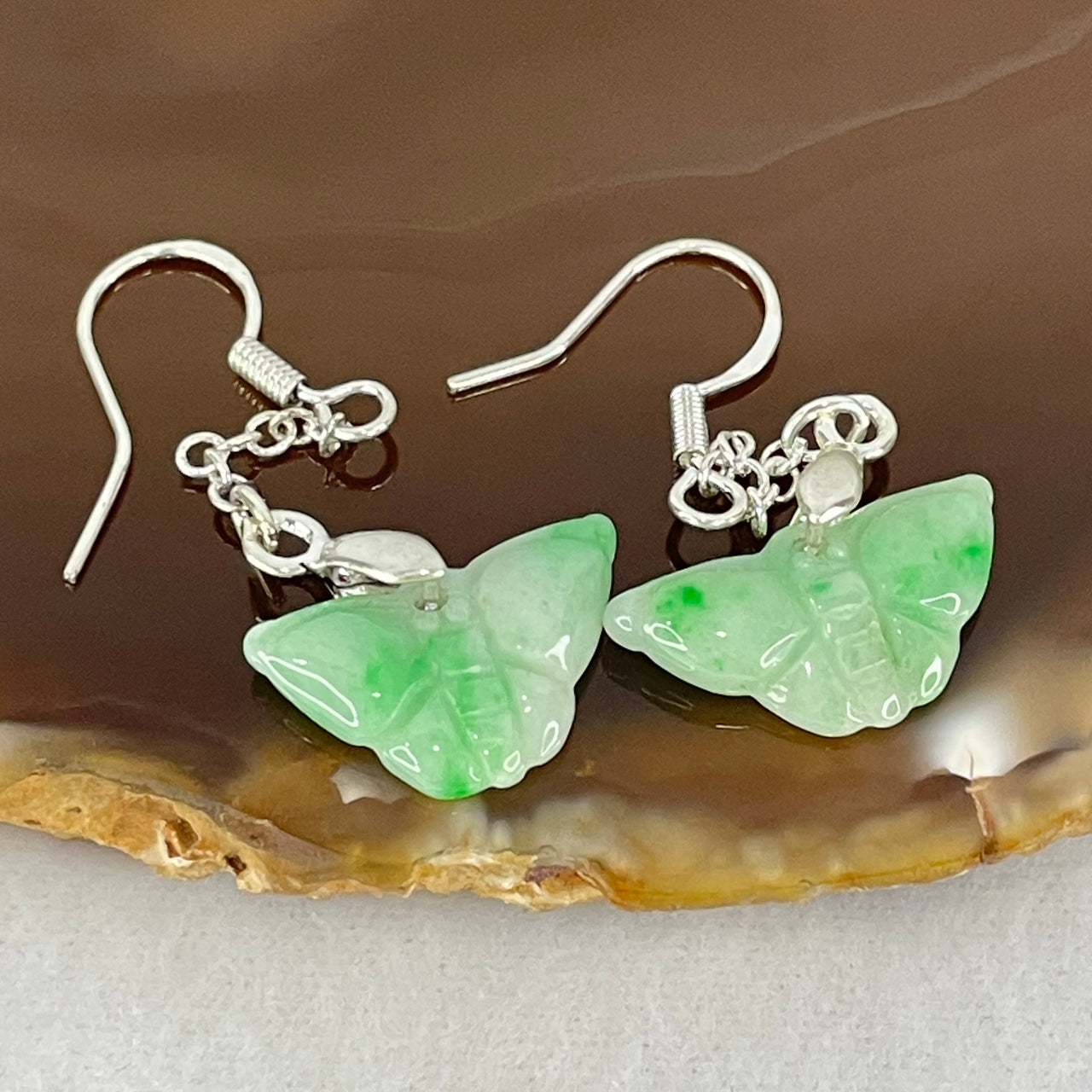 Type A Light Apple Green with Spicy Green Spots Jadeite Butterfly in S925 Sliver Earrings 2.75g 18.8 by 9.3 by 3.5mm