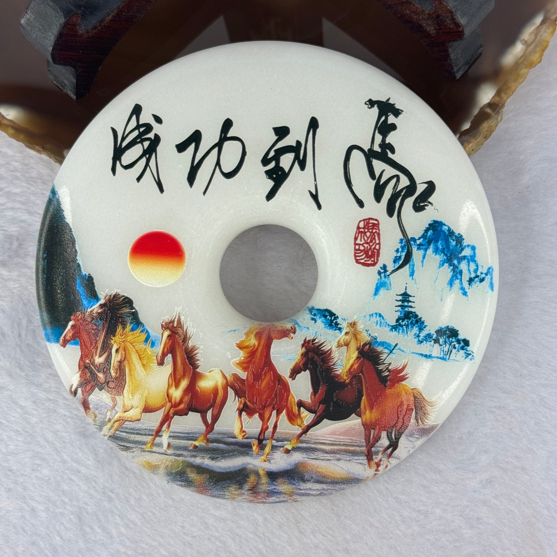 Natural Afghan Jade Shan Shui Ping An Kou Donut with Galloping Horse 天然玉石阿富汗玉玉璧玉扣  和氏璧平安扣玉摆件 259.48g 104.8 by 100.8 by 49.6mm - Huangs Jadeite and Jewelry Pte Ltd