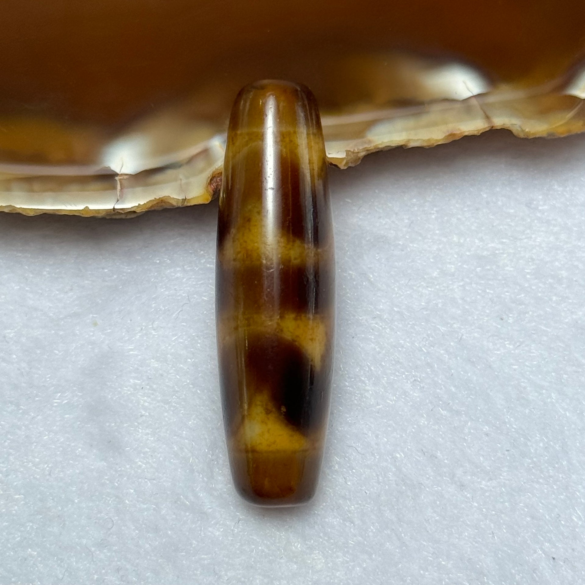 Natural Powerful Tibetan Old Oily Agate Double Tiger Tooth Daluo Dzi Bead Heavenly Master (Tian Zhu) 虎呀天诛 7.30g 39.2 by 11.3mm - Huangs Jadeite and Jewelry Pte Ltd