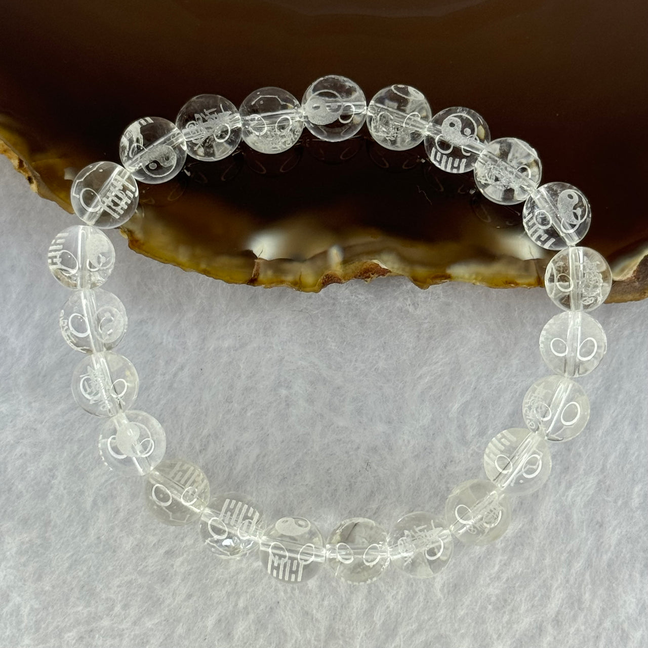 Natural Clear Quartz Beads with Inscription Bracelet 17.87g 15cm 8.4mm 23 Beads