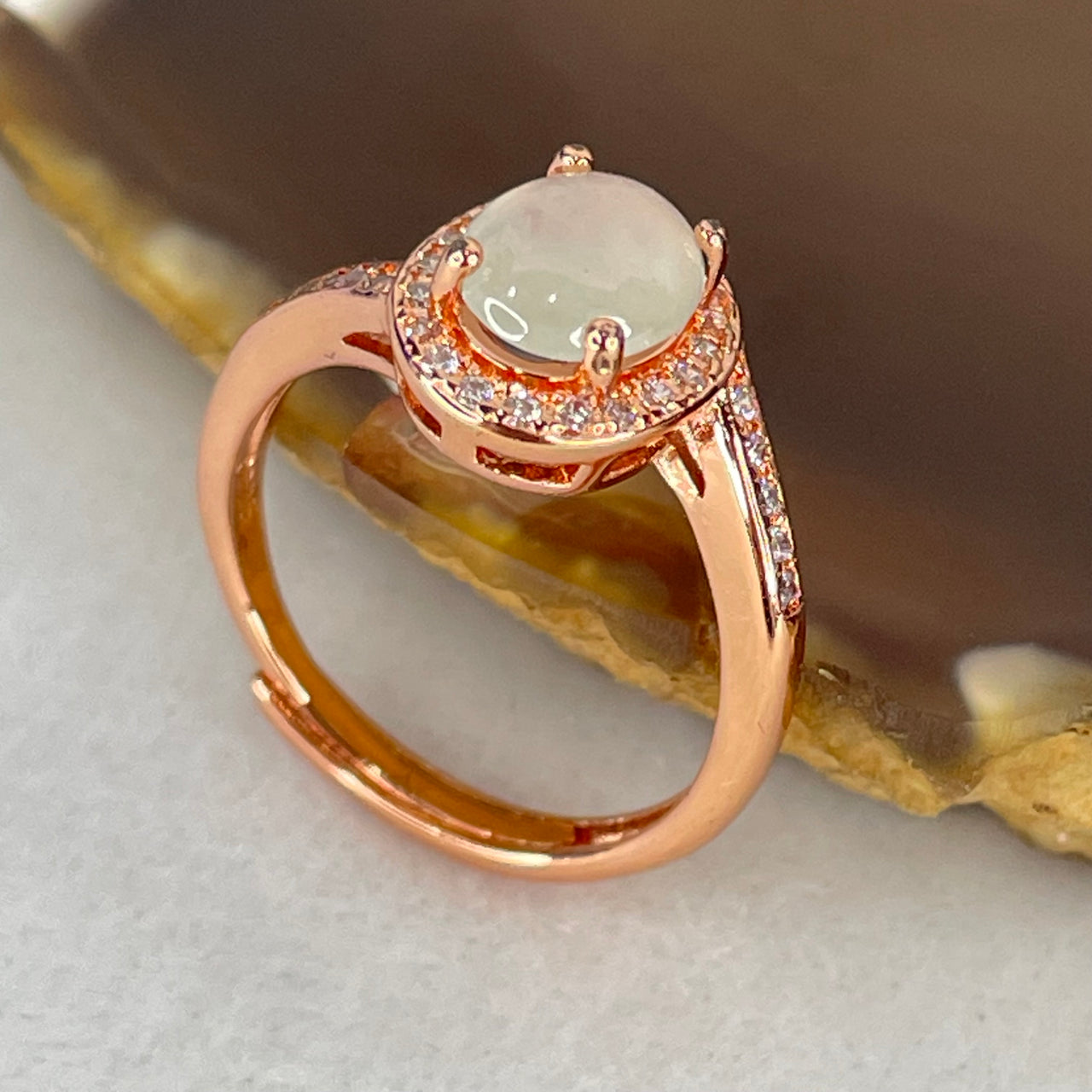 Type A Faint Green Jadeite Cabochon in S925 Sliver Rose Gold Color Ring (Adjustable Size) 2.05g 7.1 by 6.1 by 3.0mm