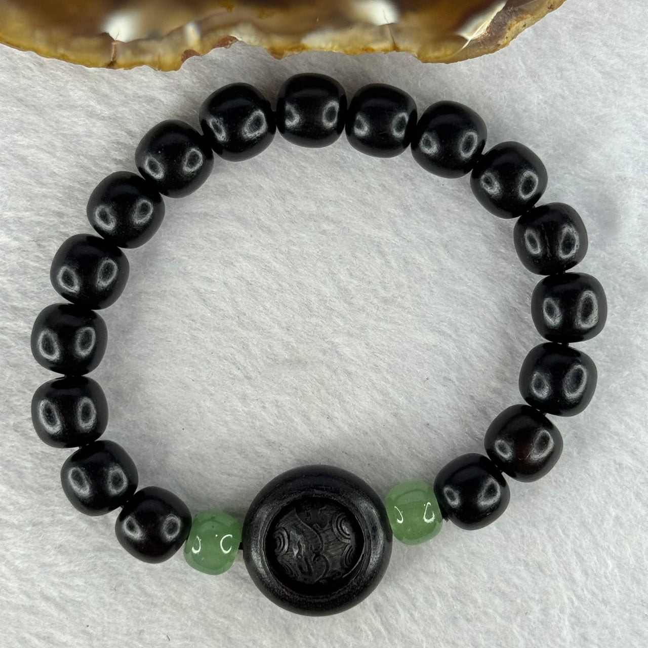 Natural Black Ebony Wood Beads with Movable Pixiu Pair and Coin Bead Bracelet 天然黑檀木珠手链 15.27g 16.5cm 10.0mm 17 Beads - Huangs Jadeite and Jewelry Pte Ltd