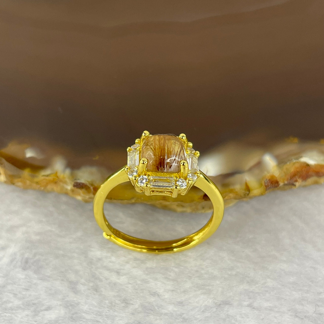 Natural Golden Rutilated Quartz in 925 Sliver Ring (Gold Color) 1.90g 5.8 by 3.5 mm Adjustable Size - Huangs Jadeite and Jewelry Pte Ltd