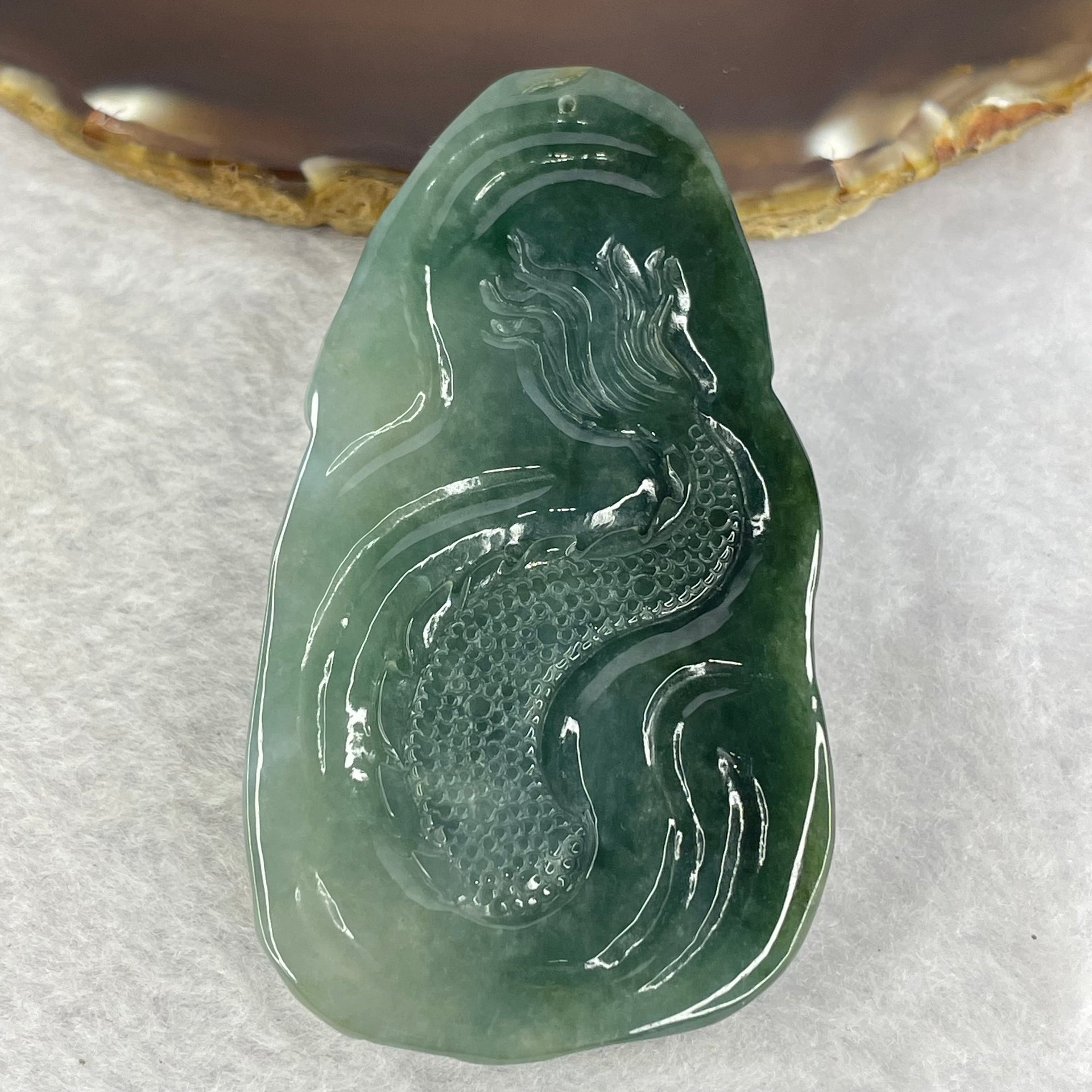 Type A Light Dark Green Jadeite Dragon Pendent 70.80g 76.2 by 41.2 by 12.6mm - Huangs Jadeite and Jewelry Pte Ltd