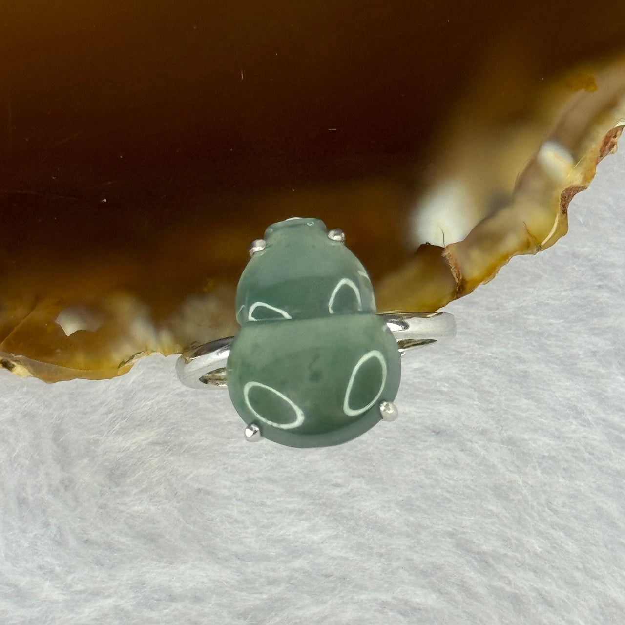 Type A Icy Blueish Green Jadeite Hulu with Crystals in S925 Sliver Ring (Adjustable Size) 3.42g 15.2 by 11.0 by 4.5mm