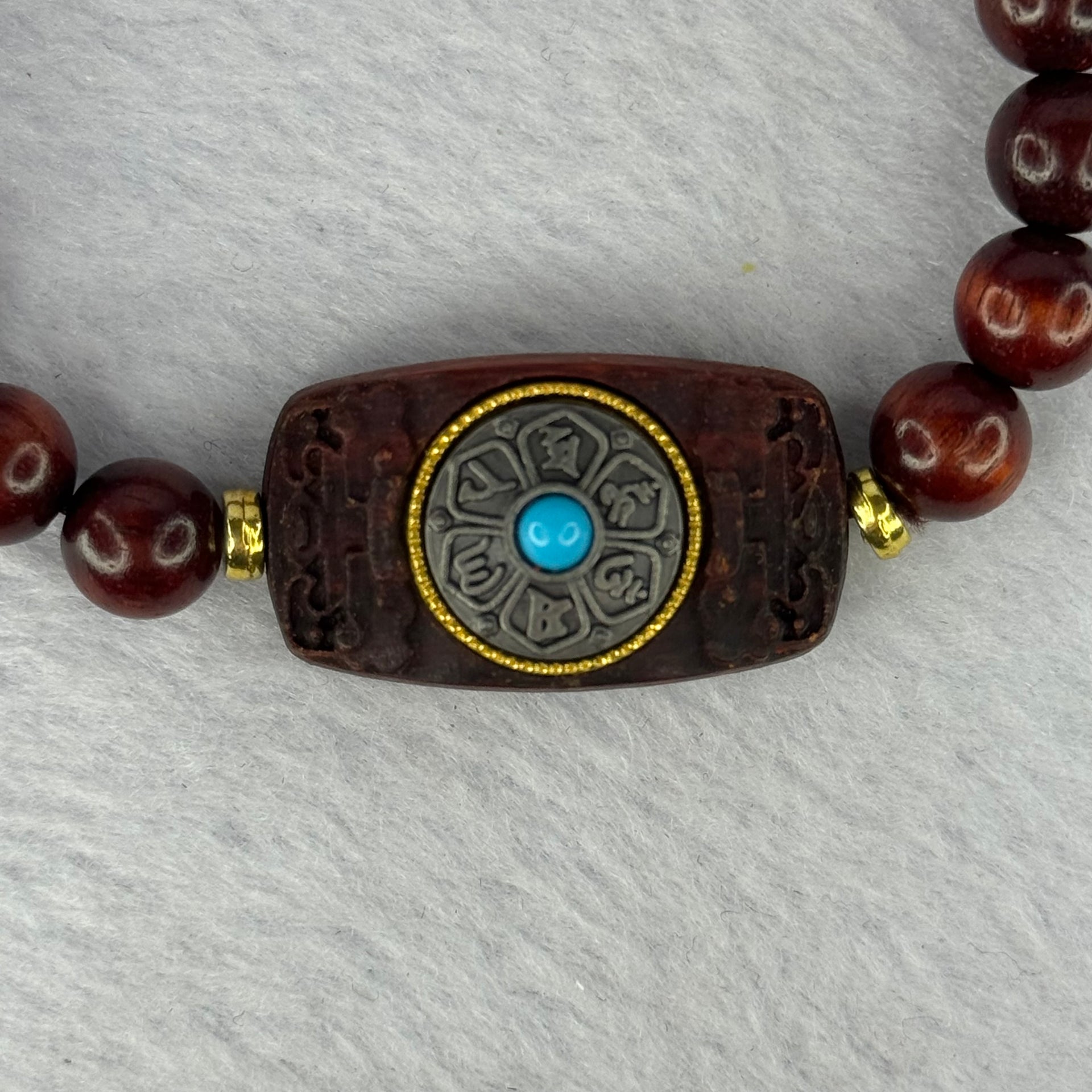 Natural Blood Zitan Beads with Rotating Turquoise Om Mani Padme Hum Powerful Mantra Bracelet 天然血檀木旋转唵嘛呢叭咪吽手链 10.86g 15cm 8.3mm 18 Beads / 30.1 by 17.5 by 6.8mm - Huangs Jadeite and Jewelry Pte Ltd