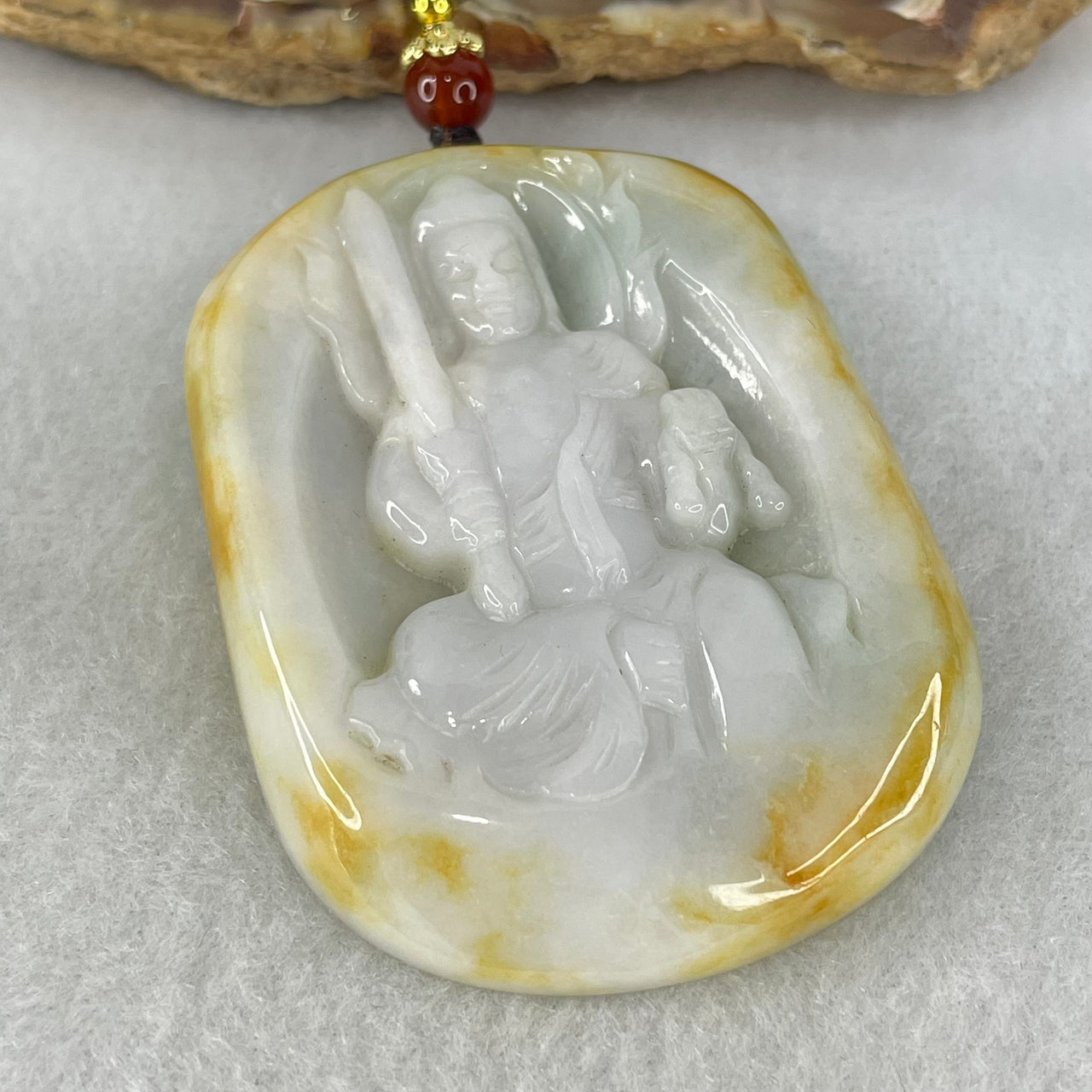 Type A Tri Colours Faint Lavender Green with Yellow Patches Jadeite Acalanatha Pendant 54.89g 57.8 by 42.8 by 8.6mm