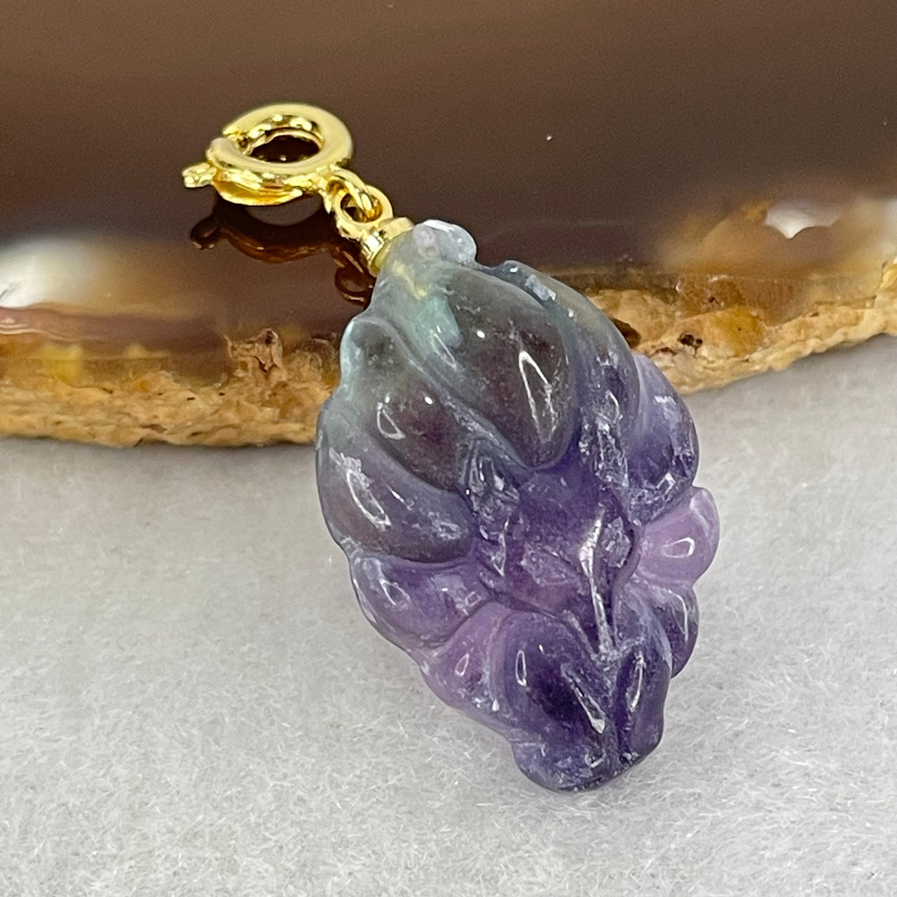 Natural Purple and Green Fluorite 9 Tail Fox Charm Pendant 4.40g 24.0 by 15.6 by 7.3mm