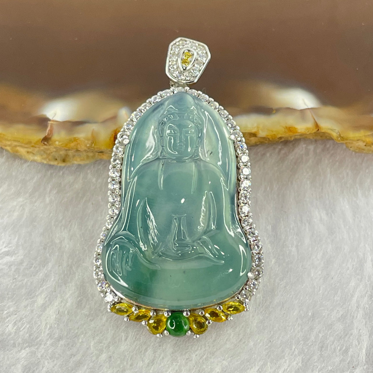 Type A Icy Light Blueish Green Jadeite Guan Yin in S925 Sliver Pendent 7.40g 28.0 by 19.1 by 3.0mm