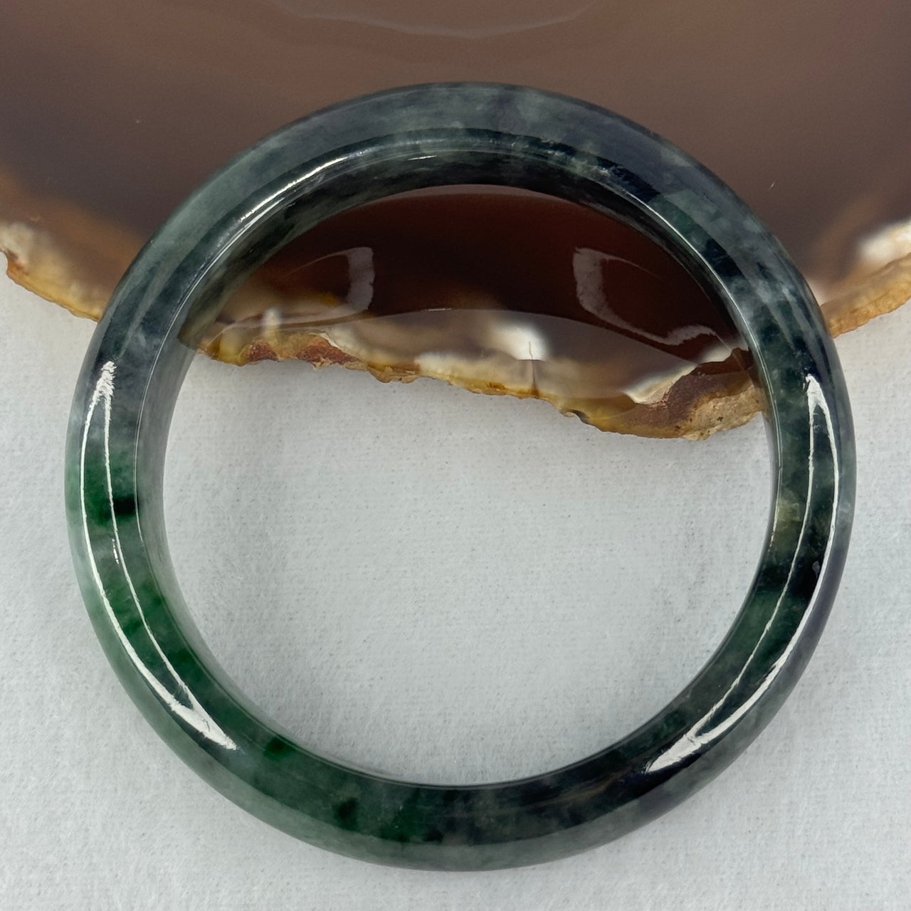 Type A Dark Green with Black and Emerald Green Piao Hua Jadeite Bangle Internal Diameter 55.7mm 57.67g 13.8 by 8.2mm (Very Slight External Rough)